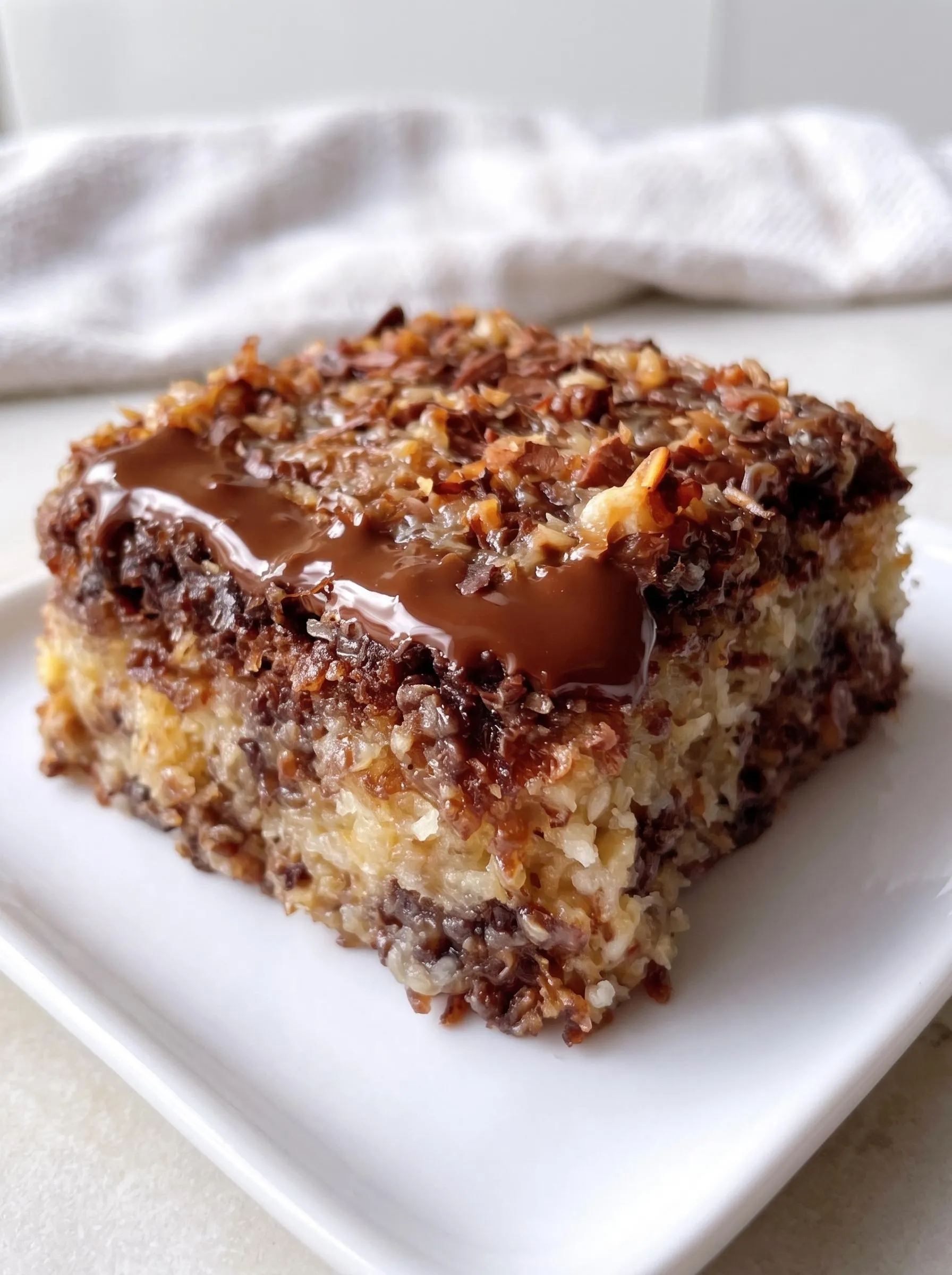 A slice of German Chocolate Dump Cake.