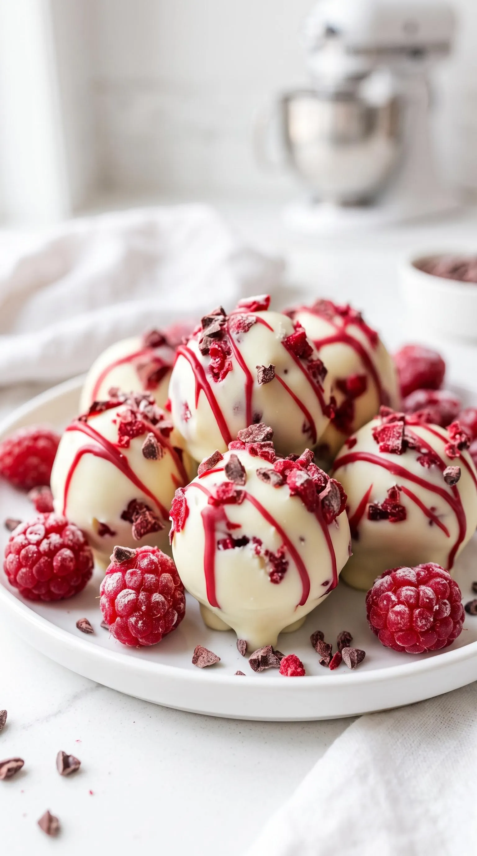 White chocolate raspberry cheesecake balls on a plate.
