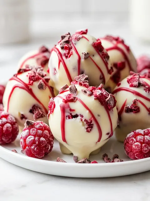 White chocolate raspberry cheesecake balls.