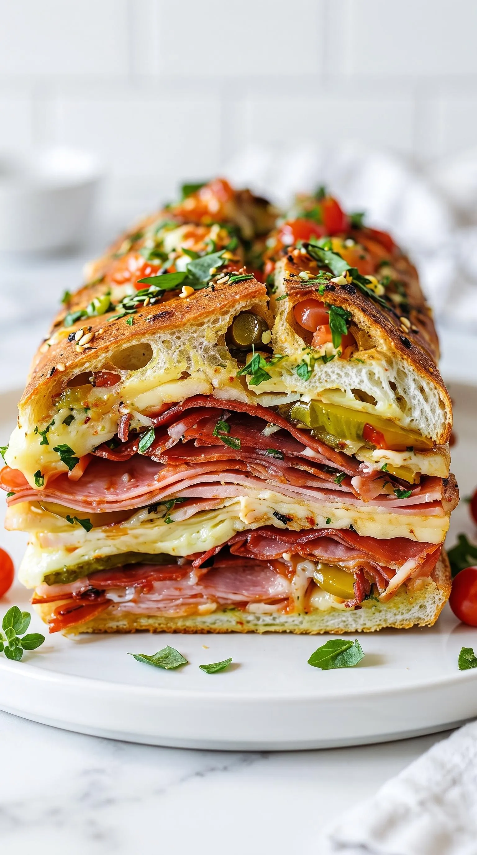 A Classic Italian Muffuletta Sandwich on a plate.