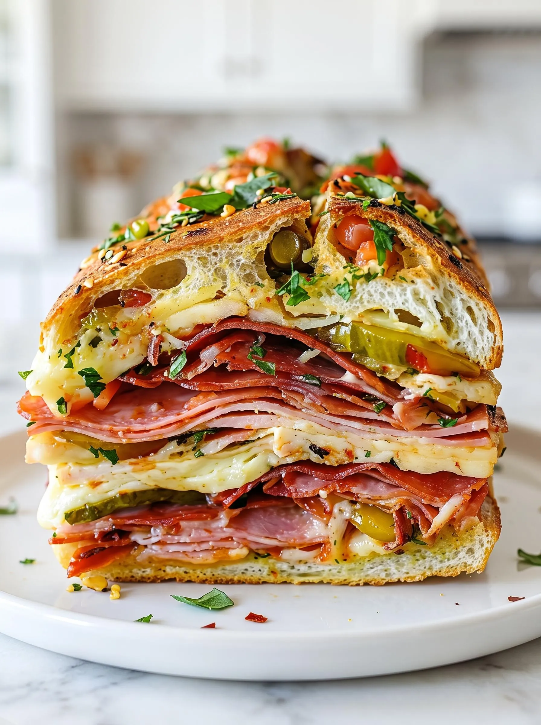 A large sandwich with meat, cheese, and vegetables.