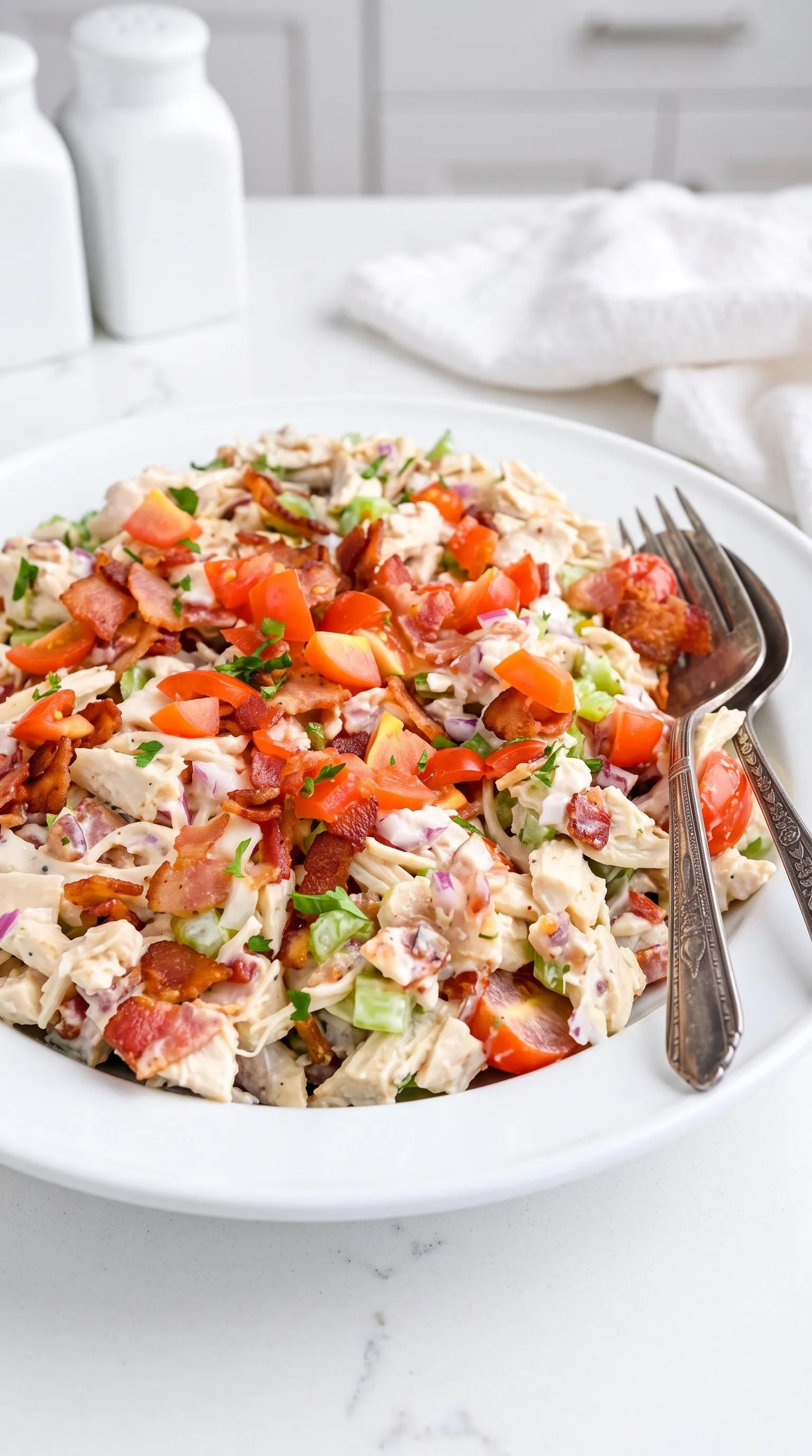 A chicken salad with bacon and tomatoes on a plate.