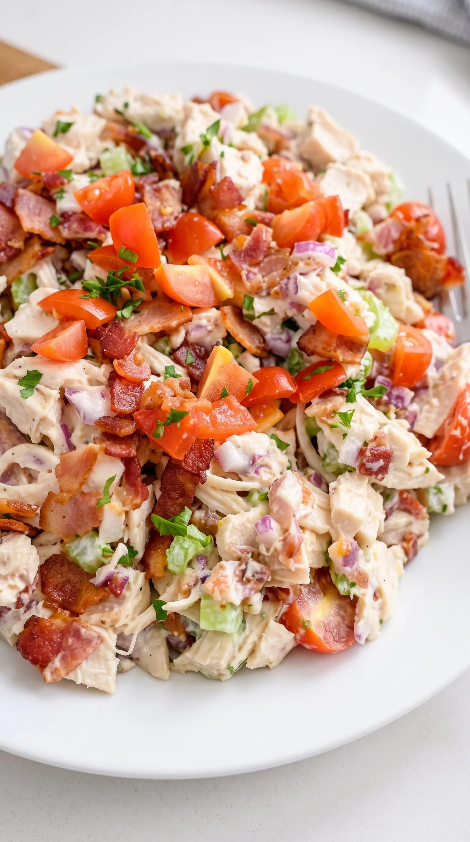 A plate of chicken salad with tomatoes, bacon, and lettuce.