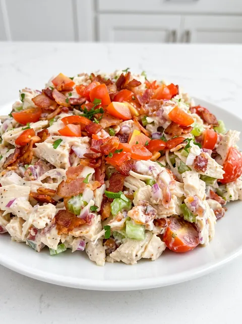 A plate of chicken salad with bacon and tomatoes.