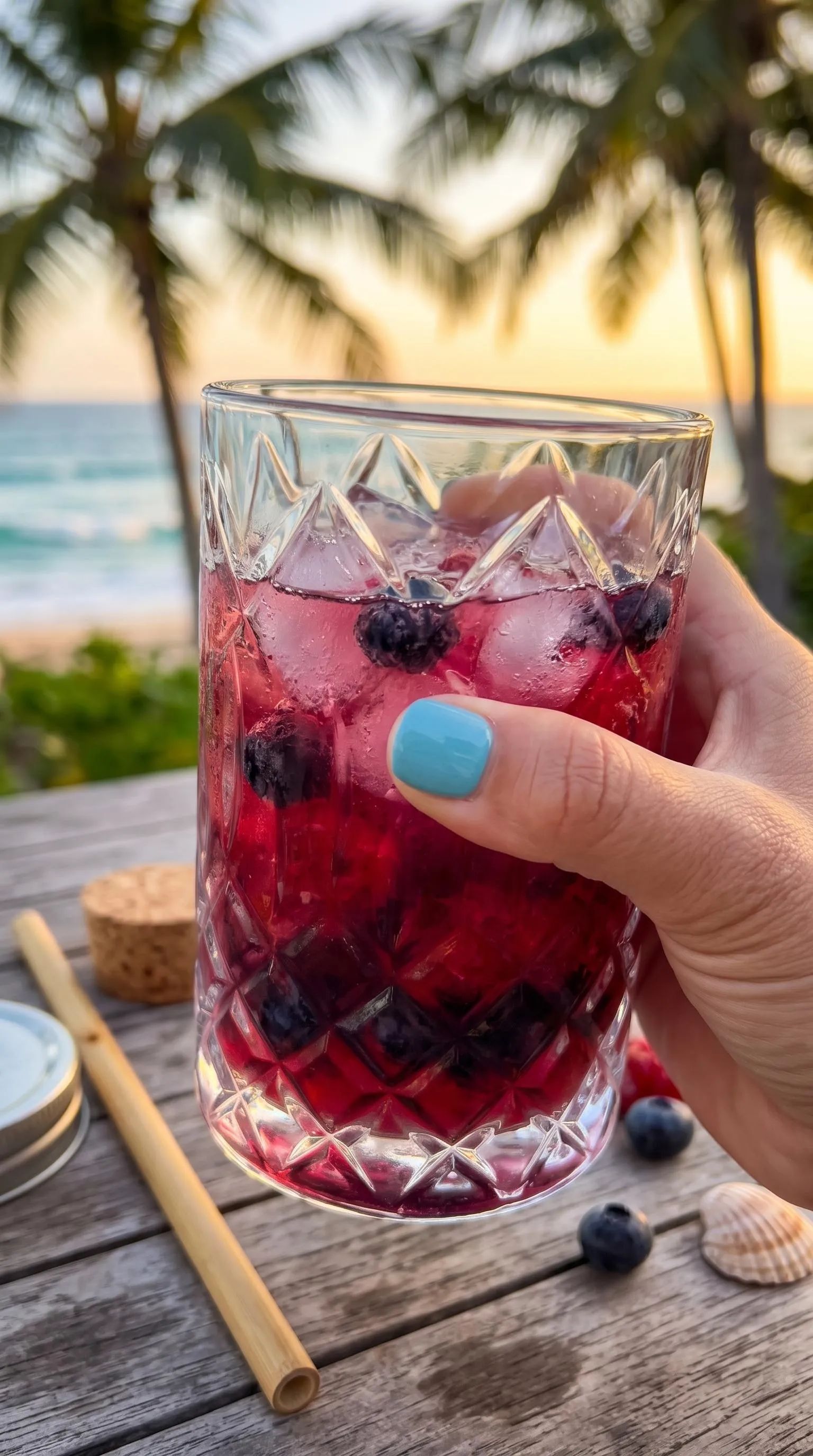 A glass of berry smash is being held.