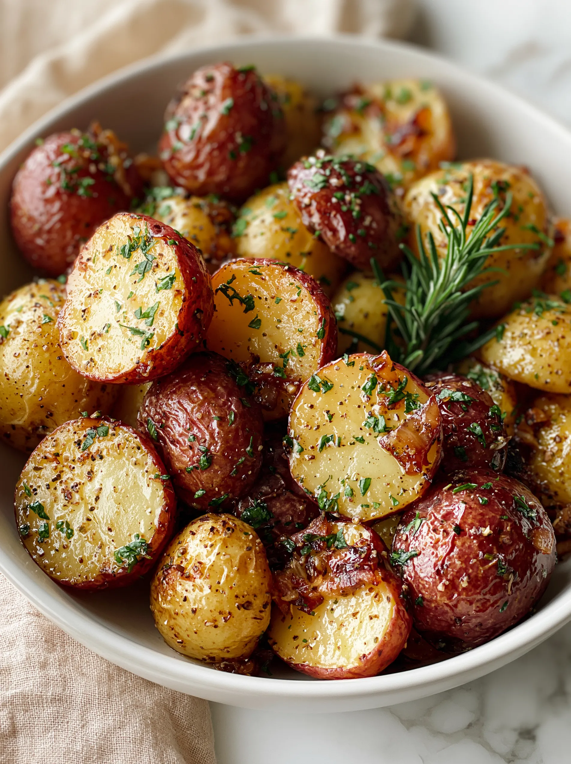 A bowl of potatoes with butter and herbs.