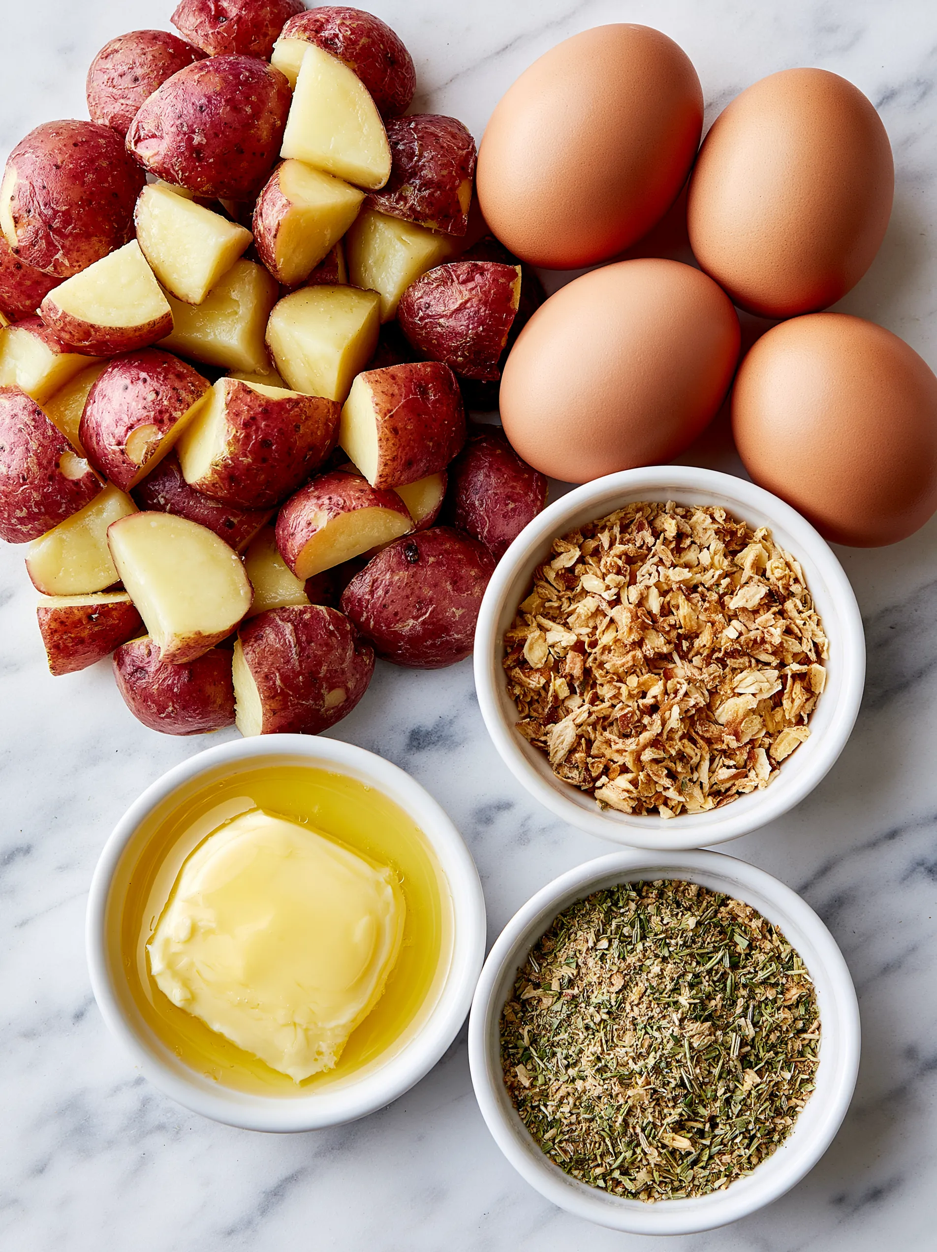 A bowl of onion butter, potatoes, and eggs.