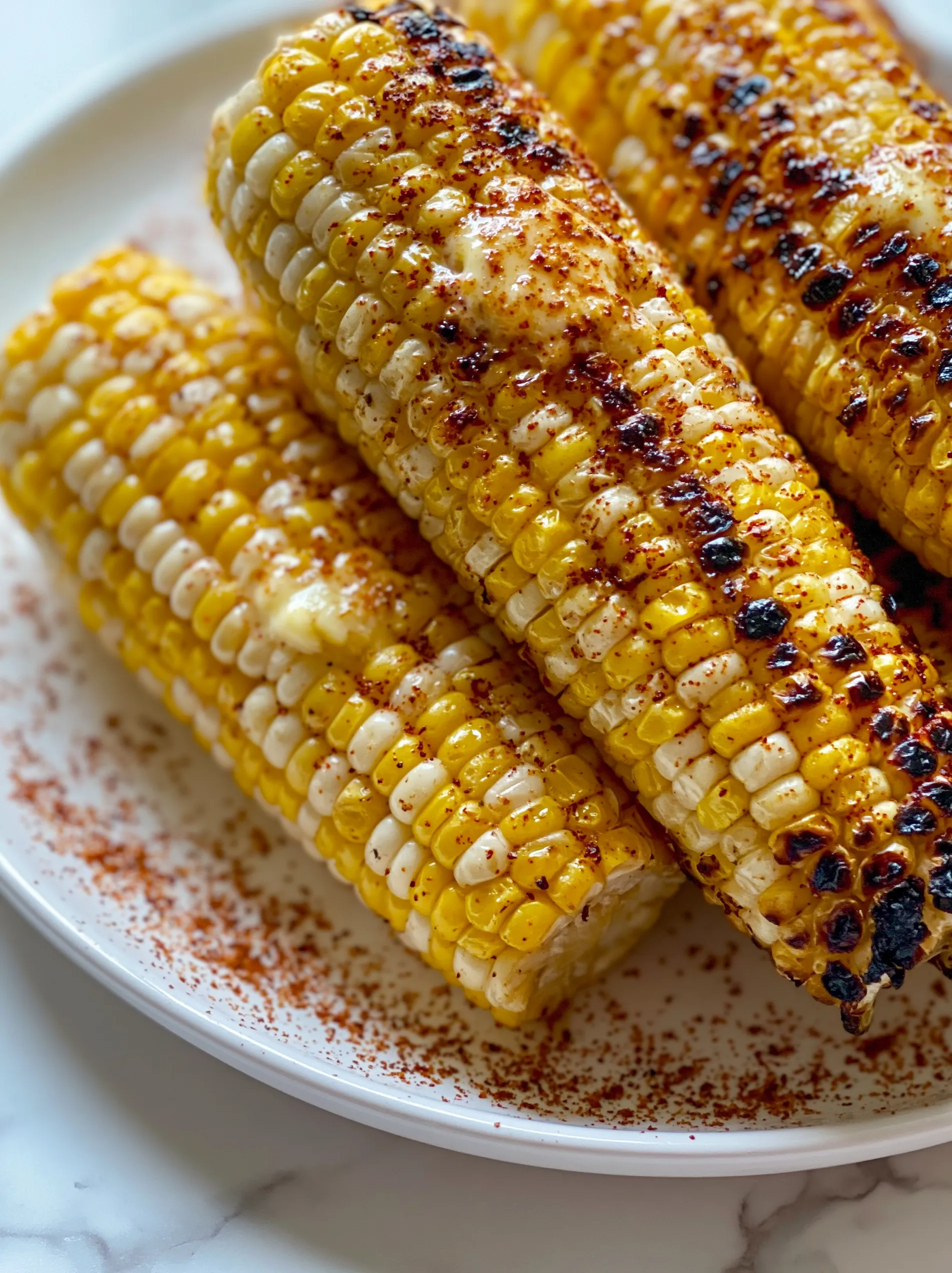 A plate of Mexican street corn with a sprinkle of seasoning.