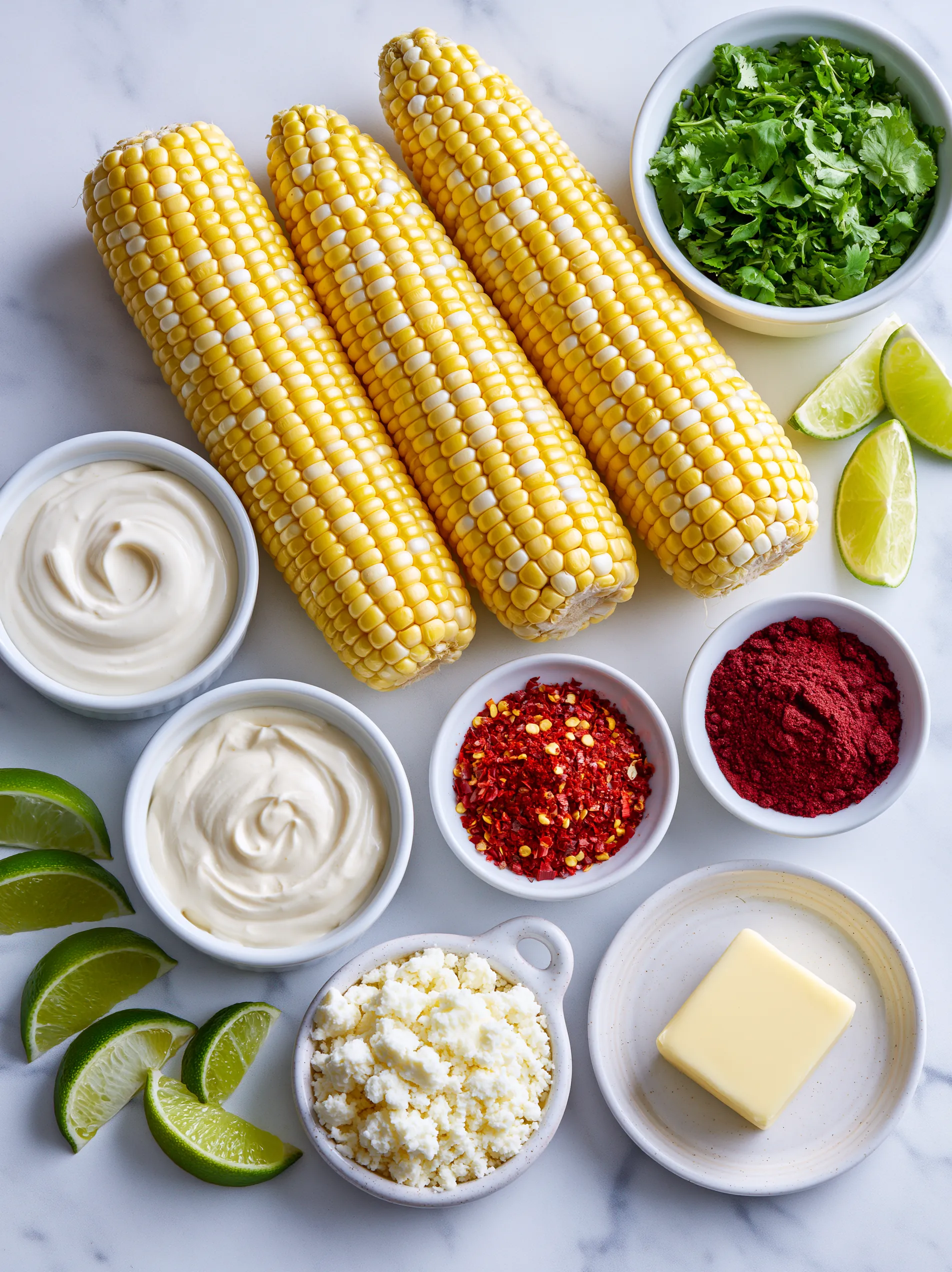 A bowl of Mexican street corn with various condiments.