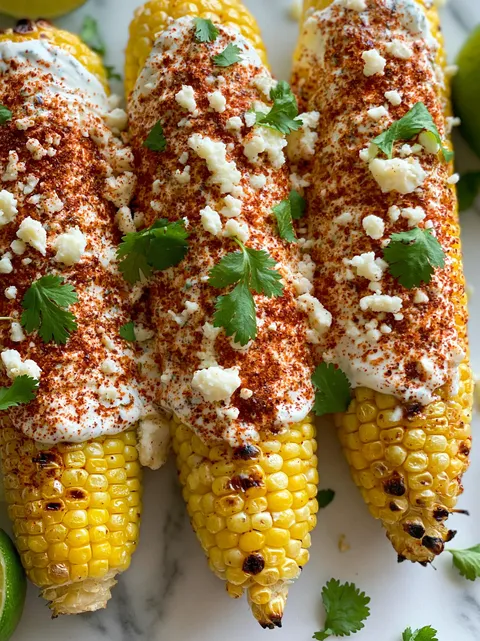 A close up of Mexican street corn with white cheese and red peppers.