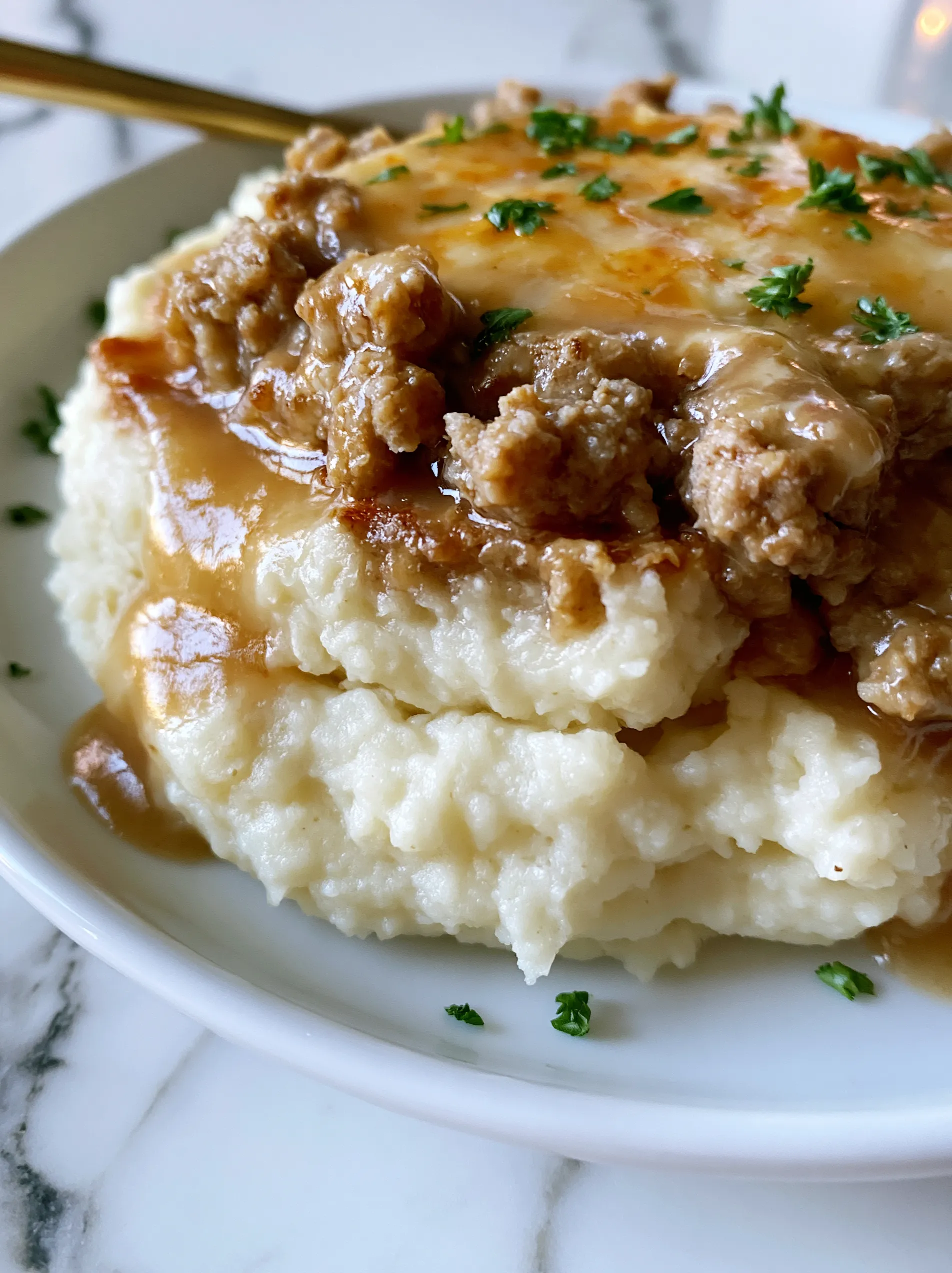 A plate of mashed potatoes with gravy and ground beef on top.