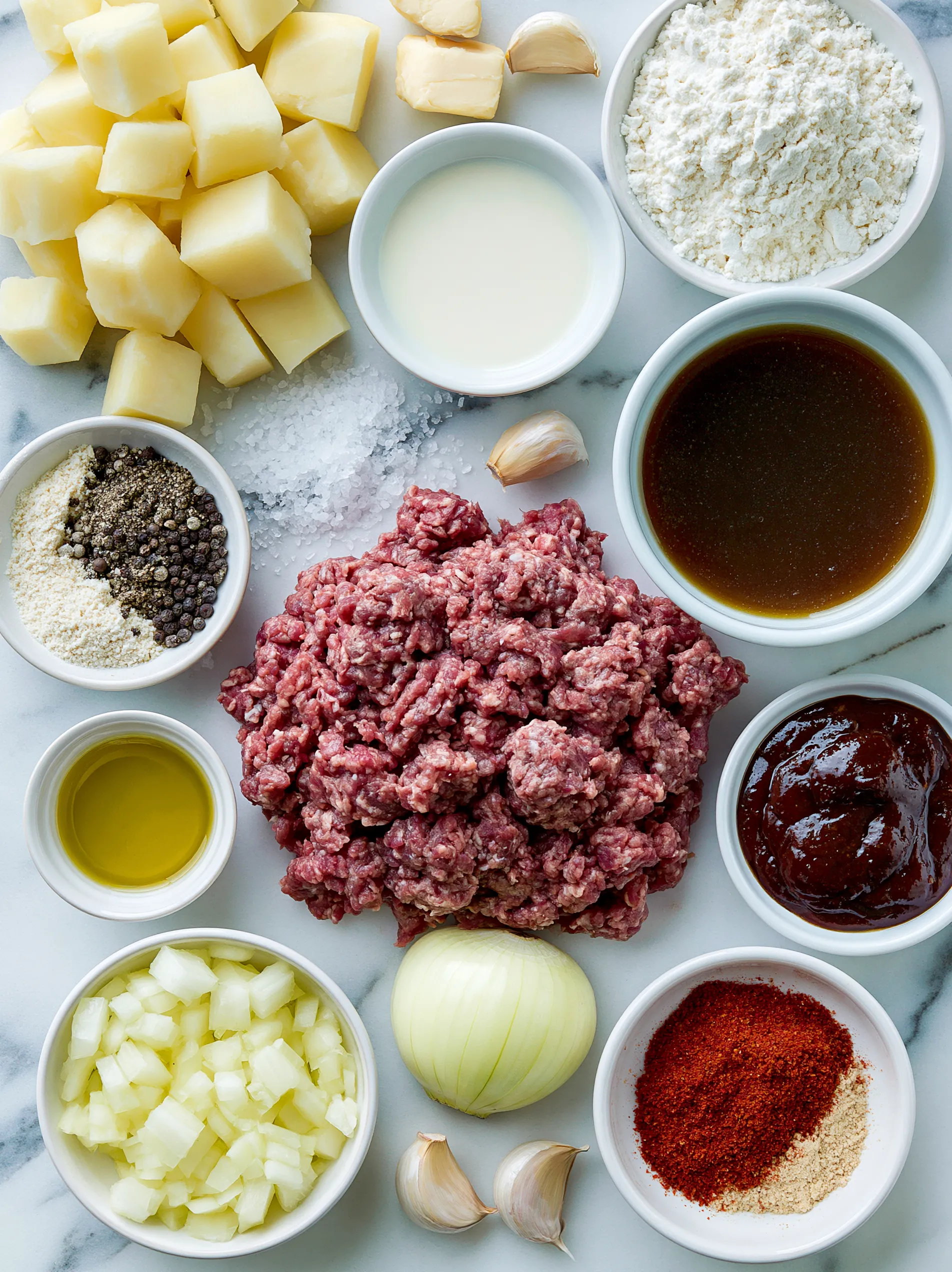 A variety of ingredients for making ground beef and gravy over mashed potatoes.