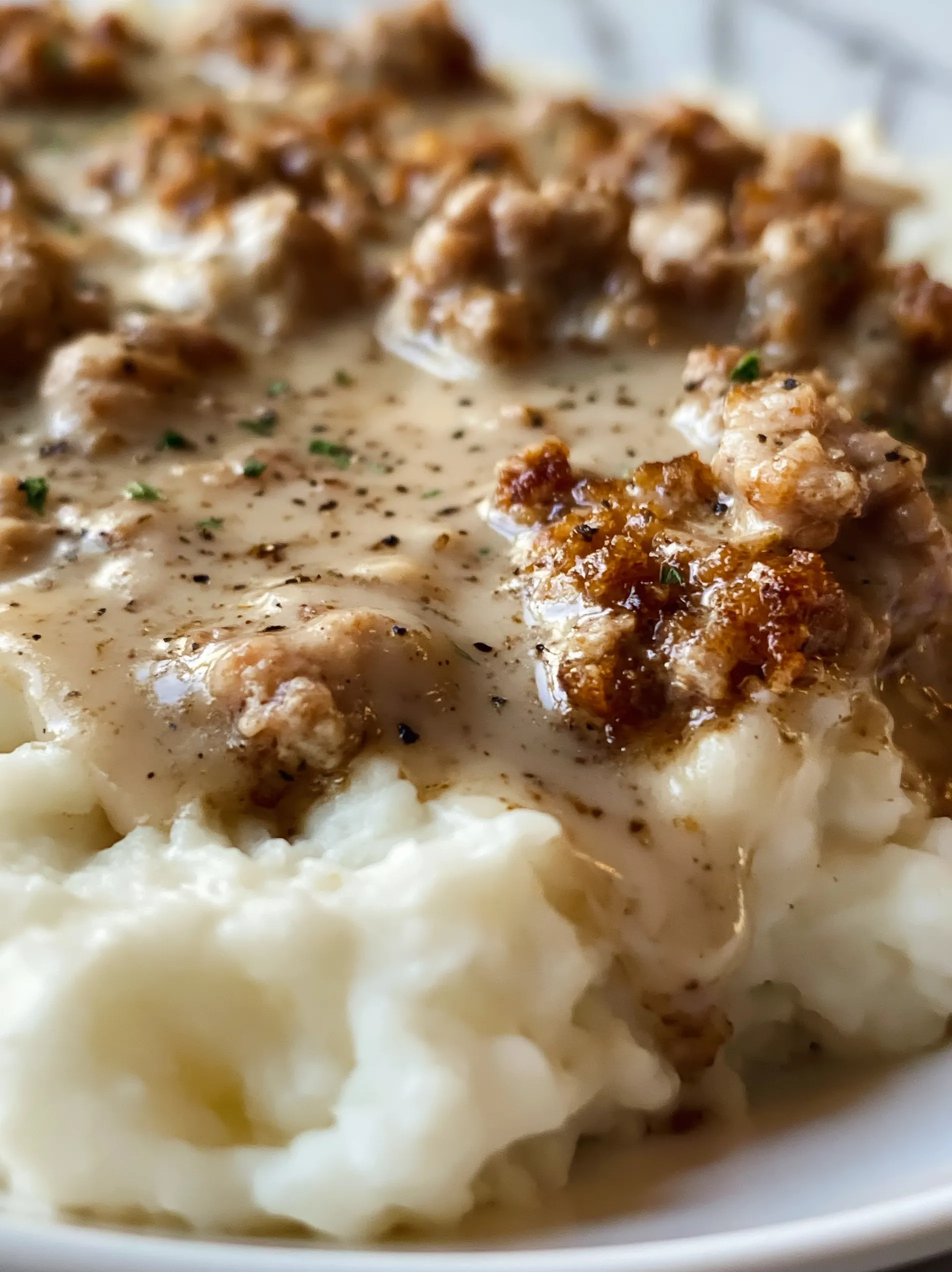 A plate of mashed potatoes with ground beef and gravy.
