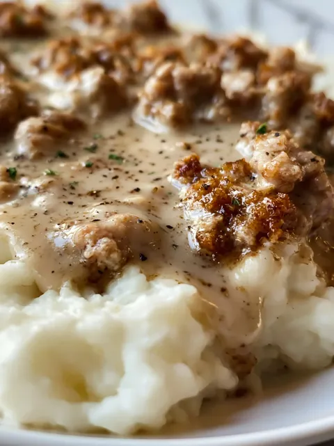 A plate of mashed potatoes with ground beef and gravy.