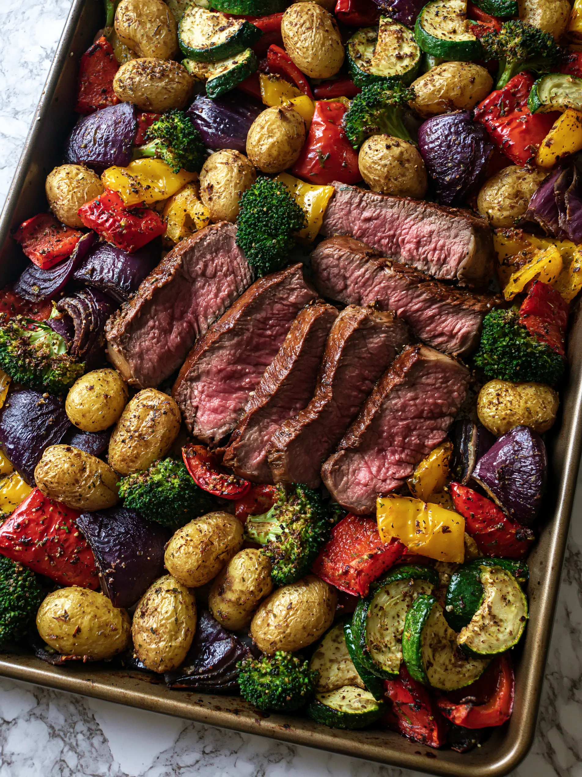 A pan of steak and vegetables.