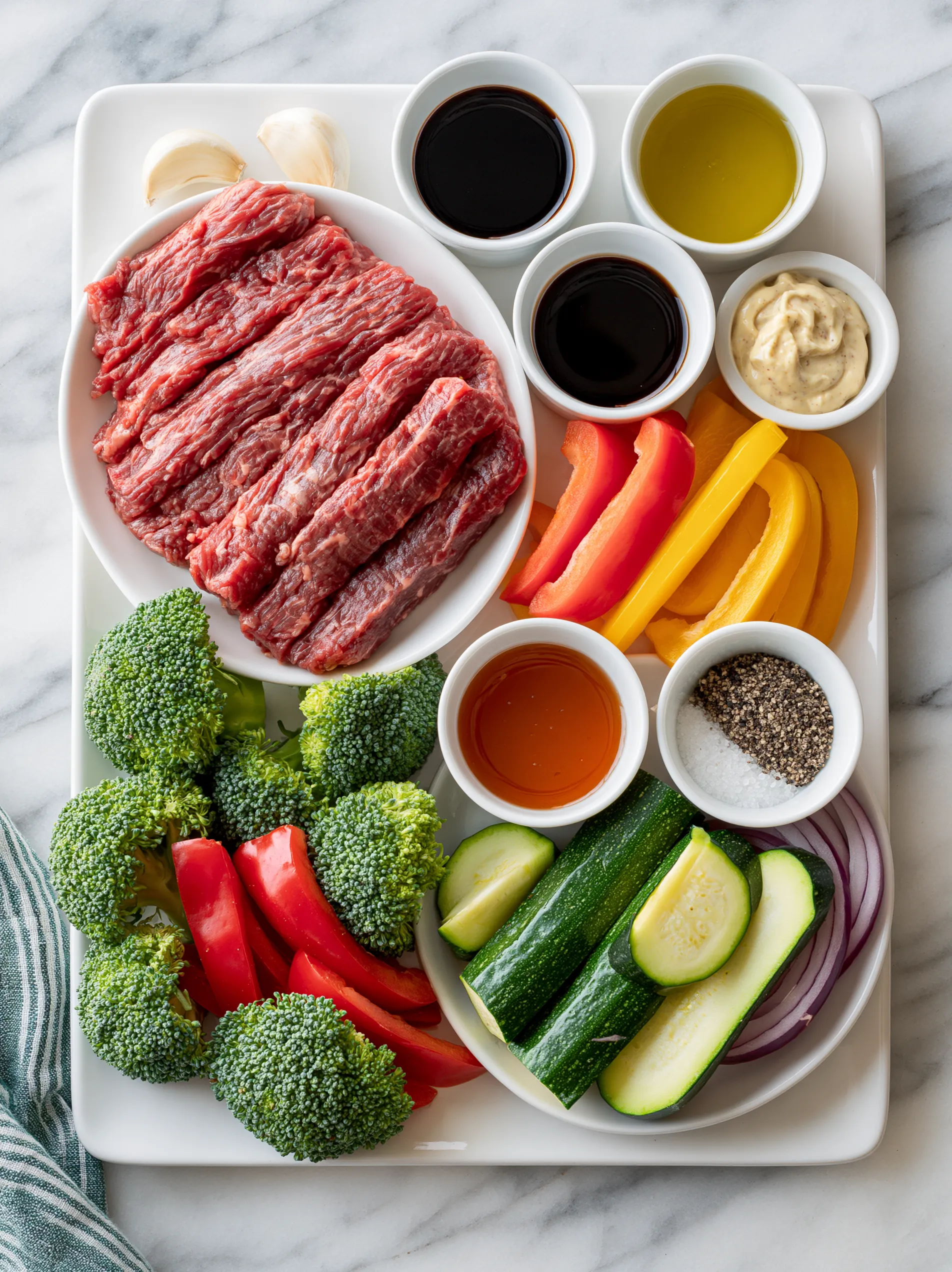 A white plate with a variety of vegetables and meat.