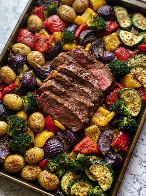 A delicious meal of steak and vegetables.