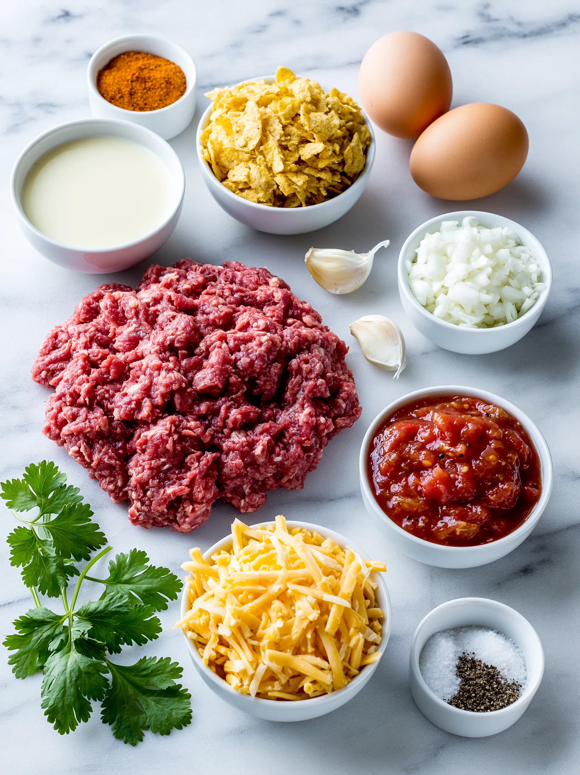 A table with various ingredients for Mexican Taco Meatloaf.