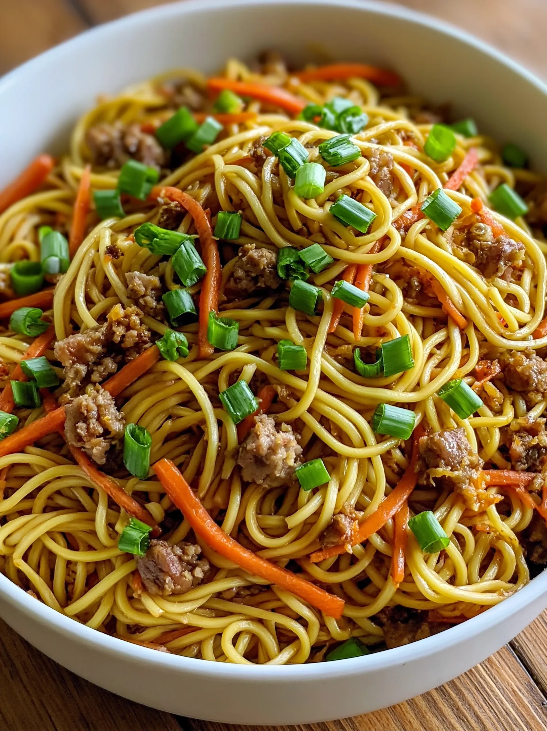 A bowl of ground beef lo mein noodles.