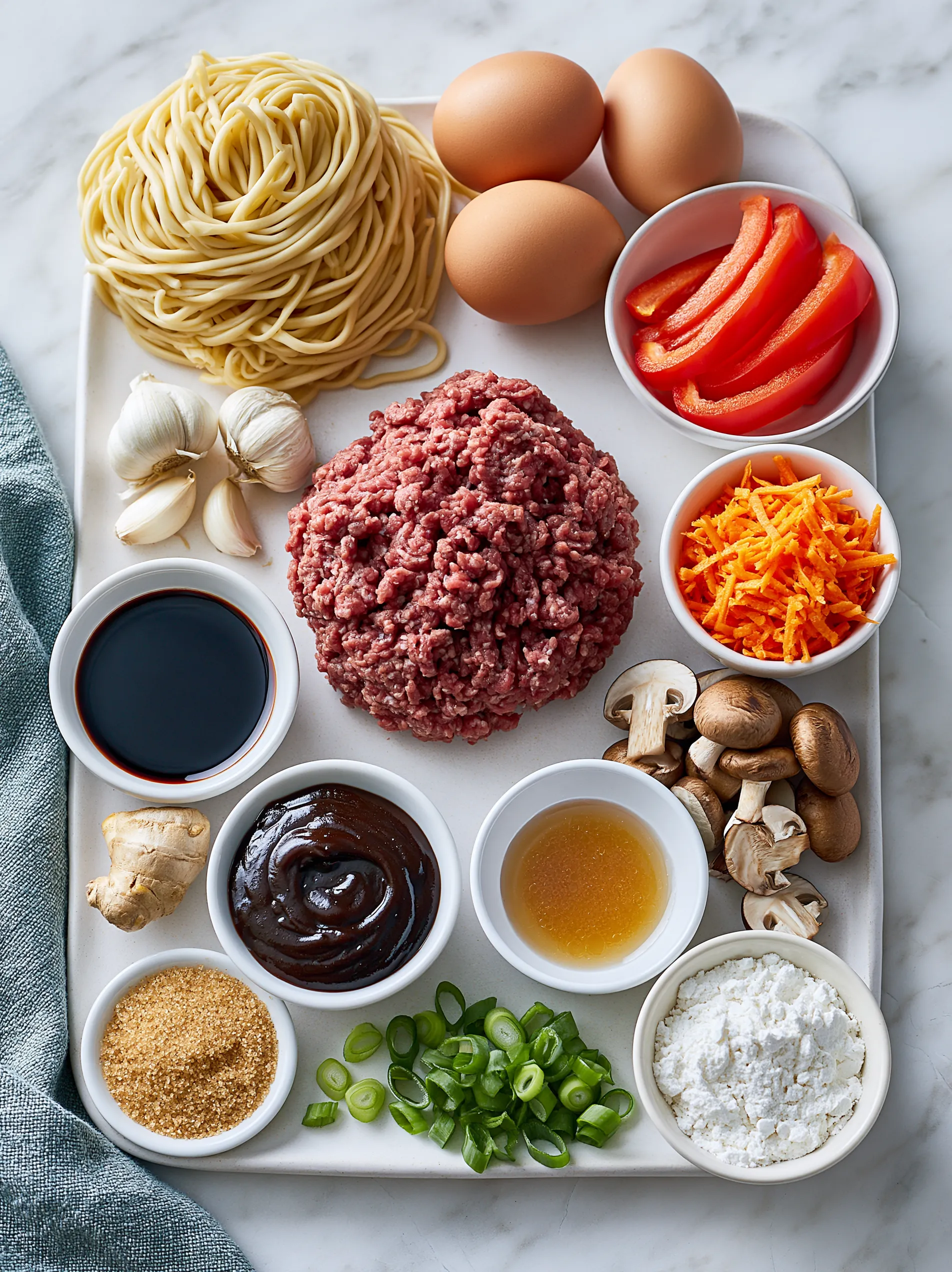 A tray of food with a bowl of ground beef and noodles.