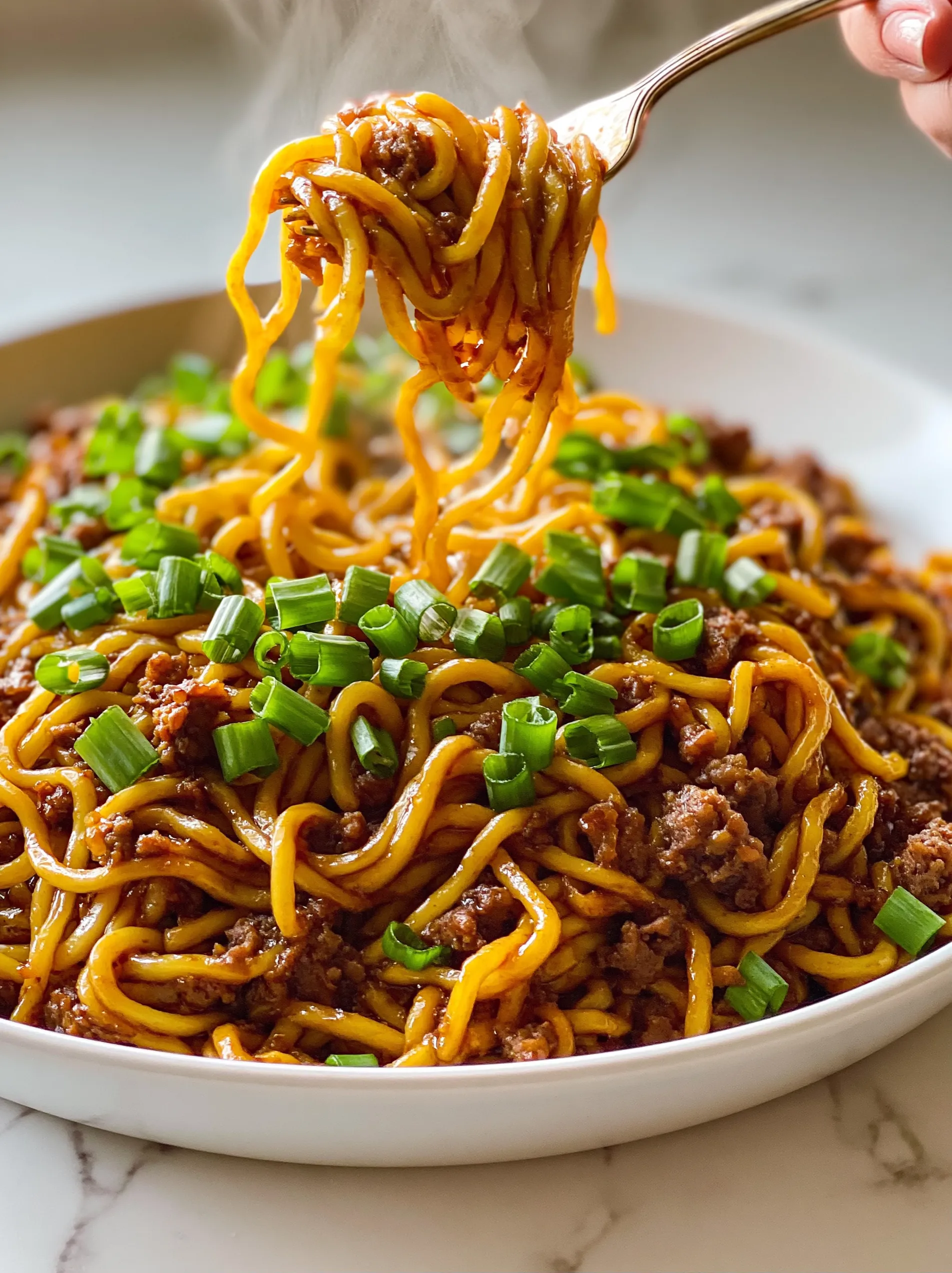 A plate of noodles with ground beef.