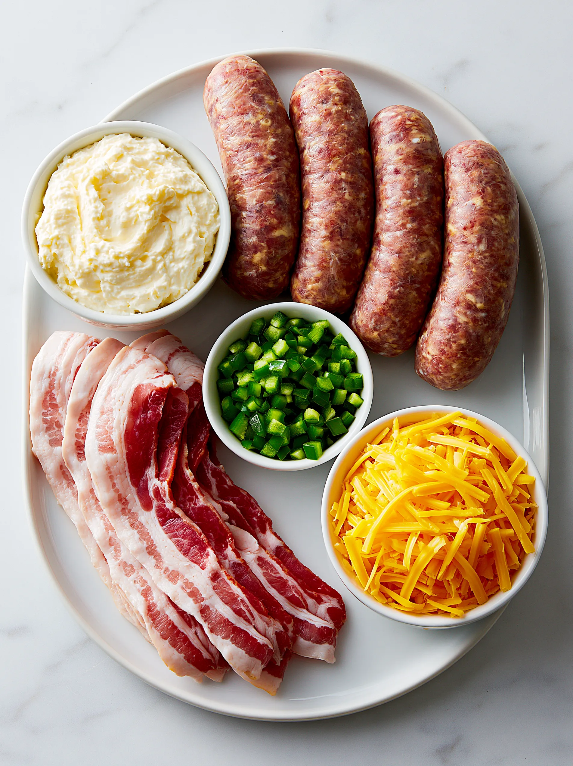 A plate of food with sausage, cheese, and jalapenos.