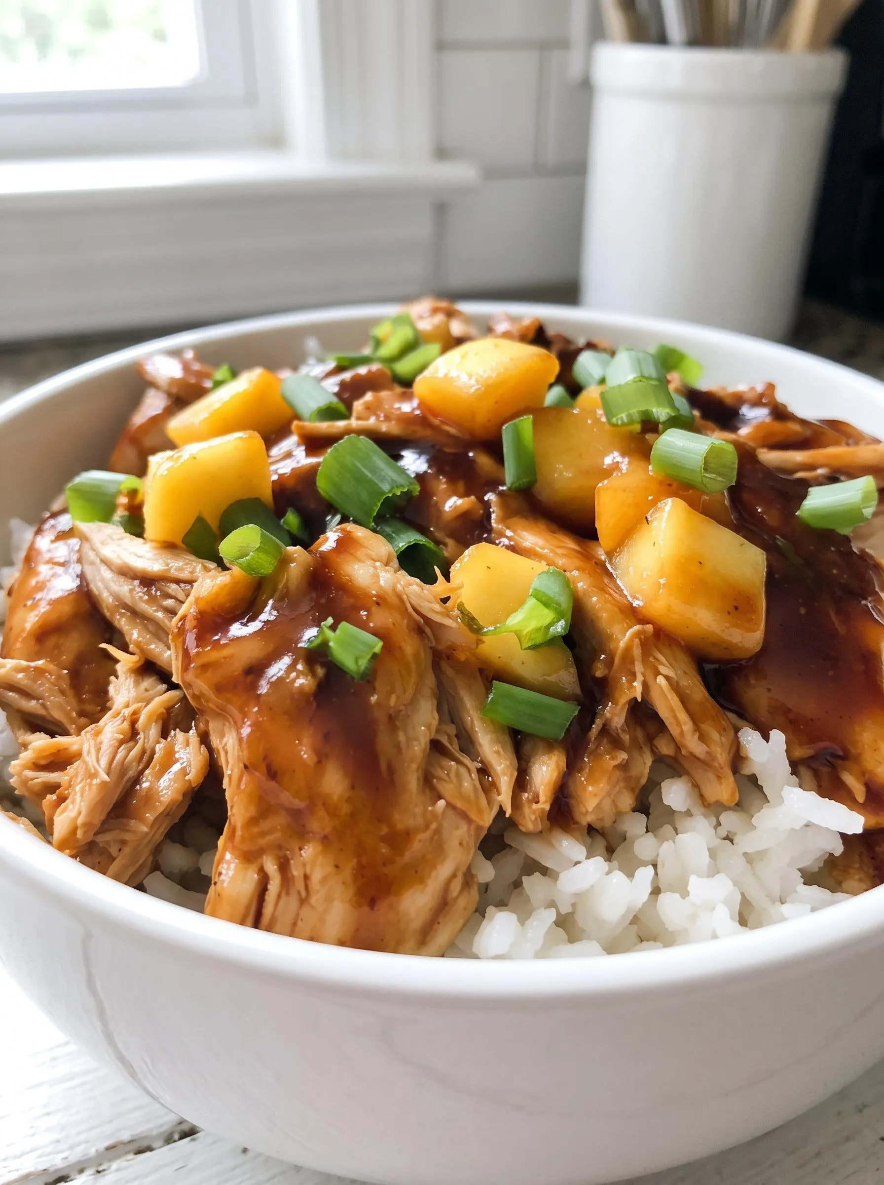 A bowl of chicken with rice and pineapple.