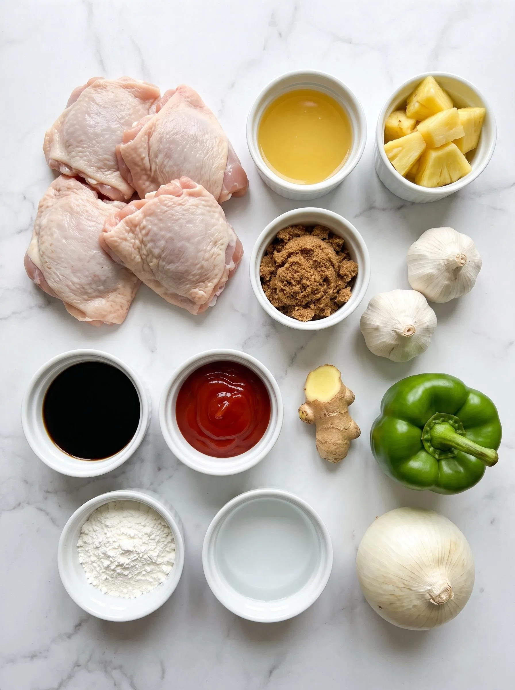A variety of ingredients for a sweet Hawaiian crockpot chicken.
