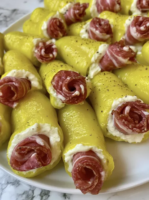 Stuffed pepperoncini on a plate.