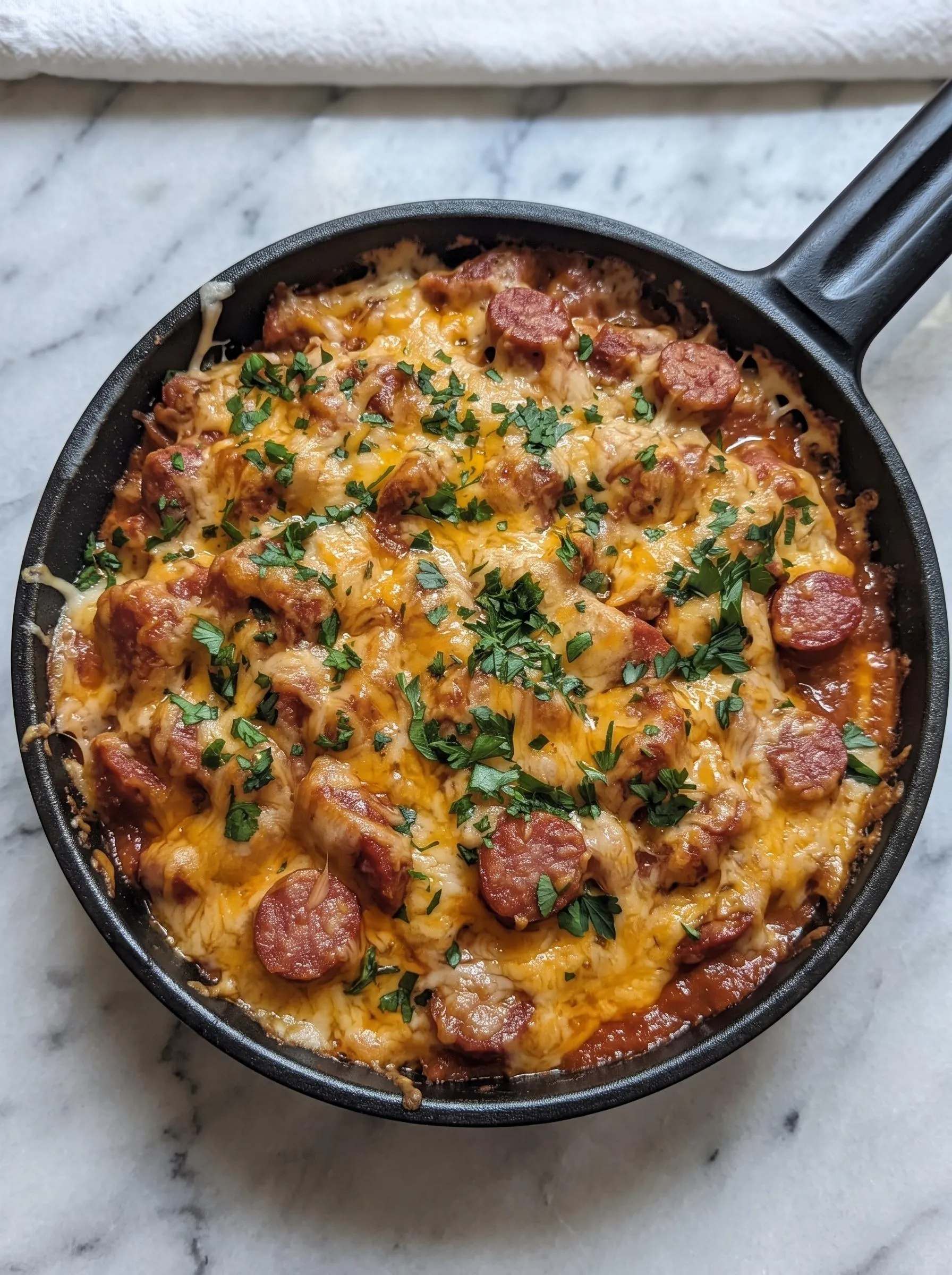 A one pot cheesy smoked sausage.