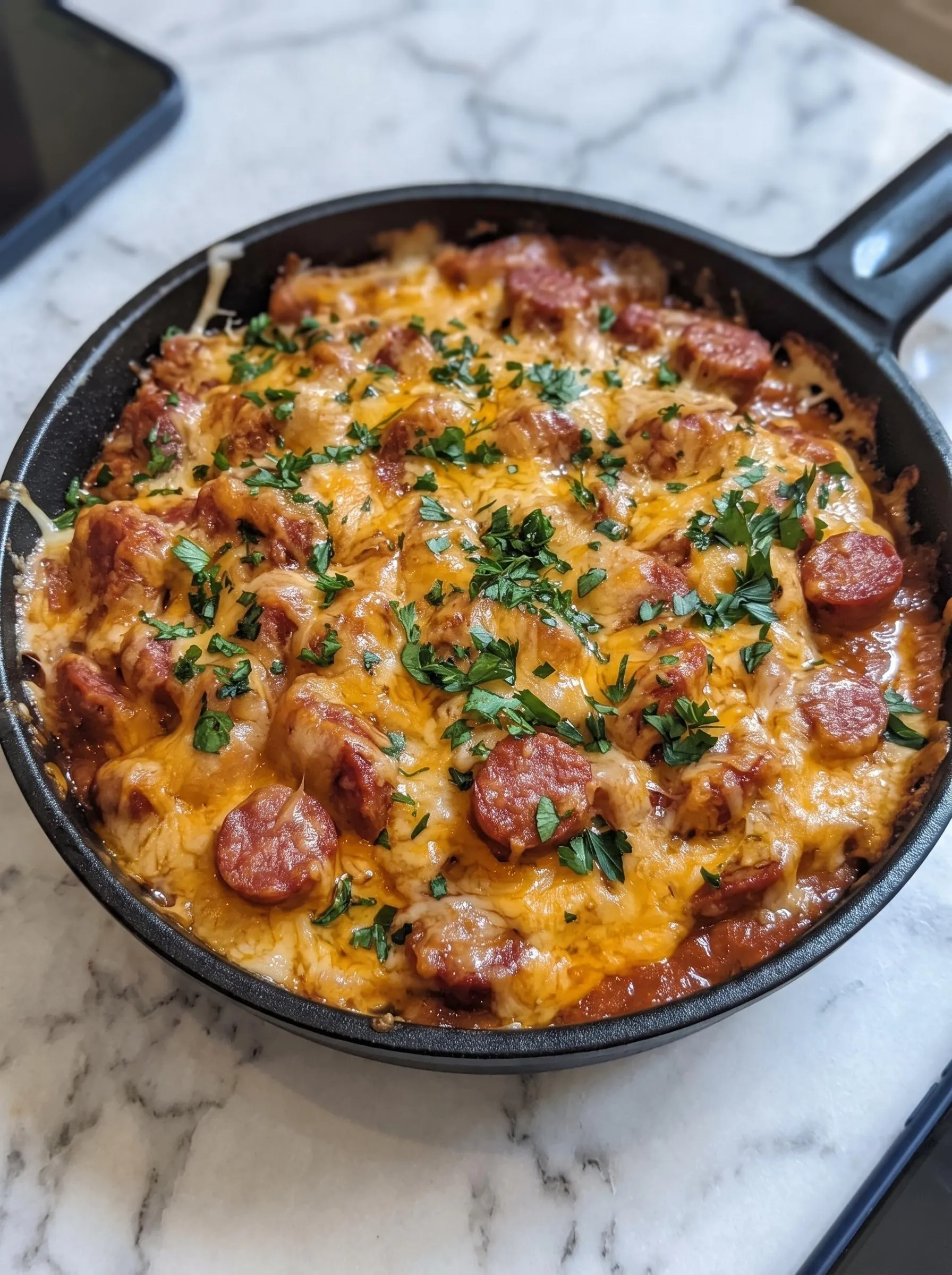 A skillet with a delicious meal of cheesy smoked sausage.