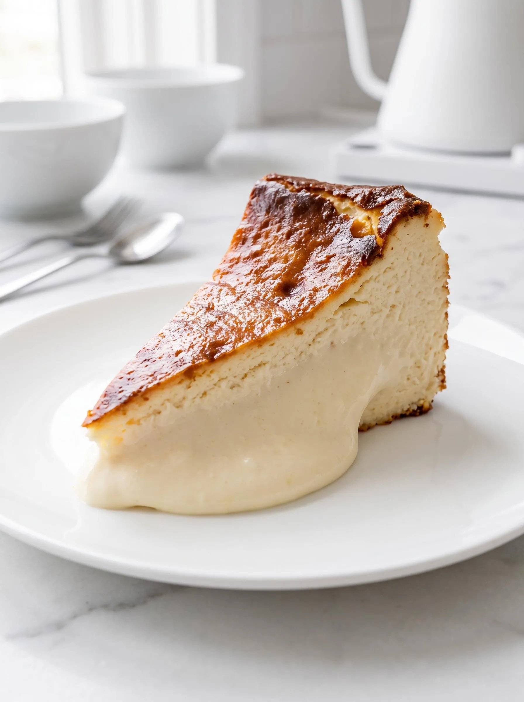 A slice of Basque cheesecake on a white plate.