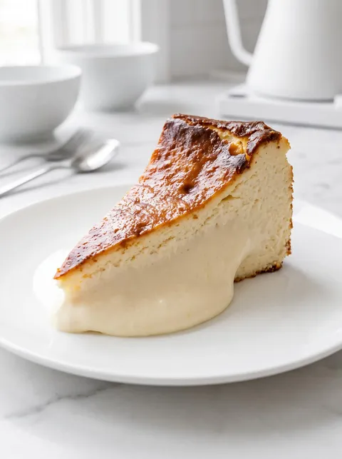 A slice of Basque cheesecake on a white plate.