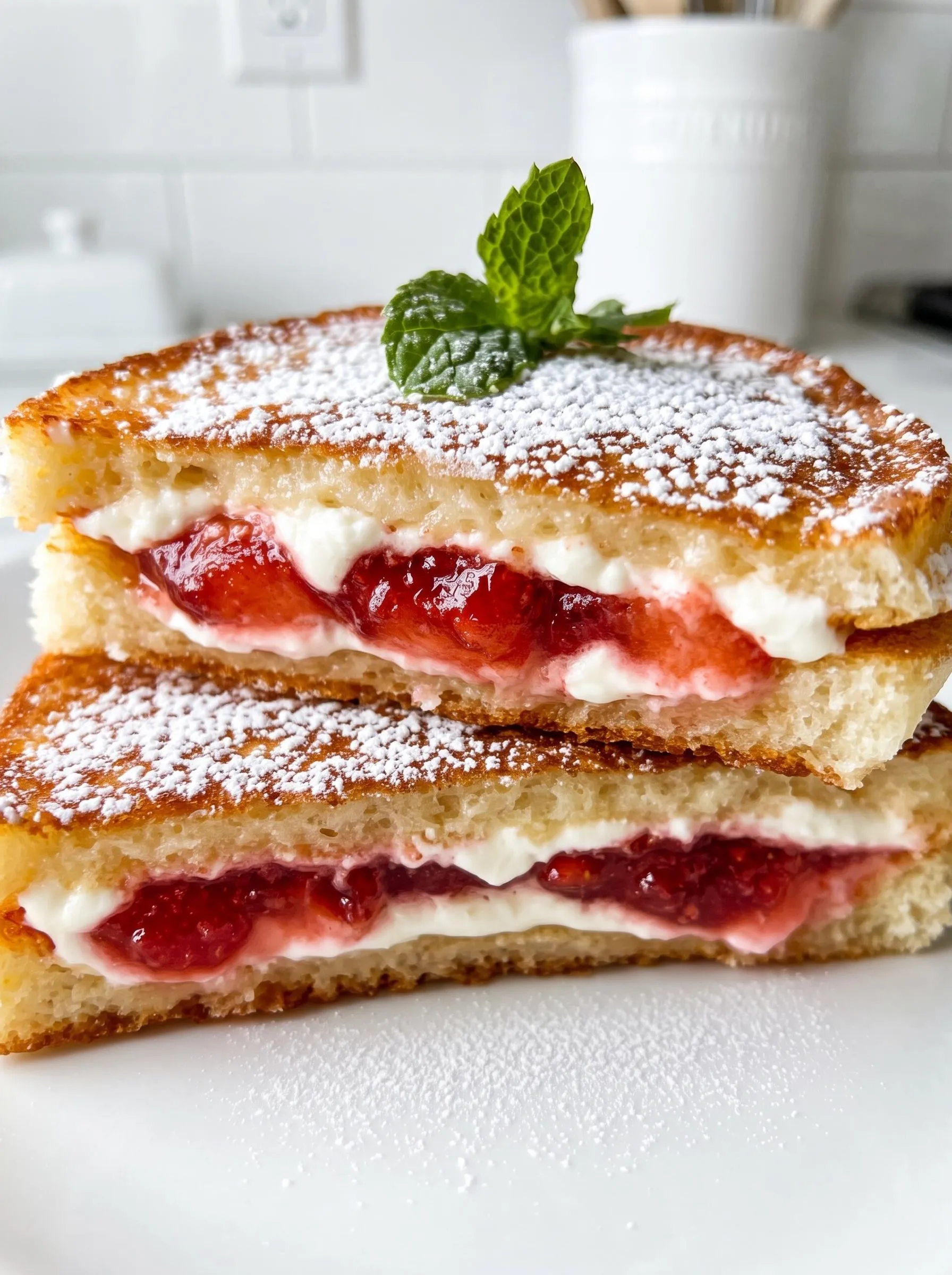 Two fried strawberry cheesecake sandwiches with powdered sugar on a white plate.