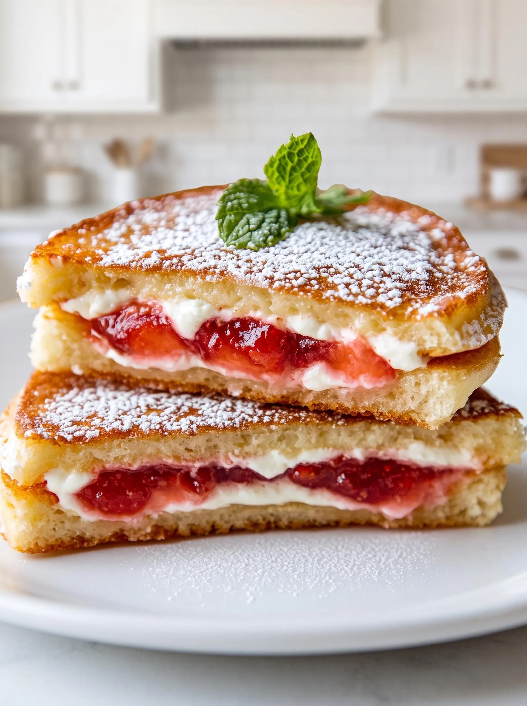 A fried strawberry cheesecake sandwich with powdered sugar on top.
