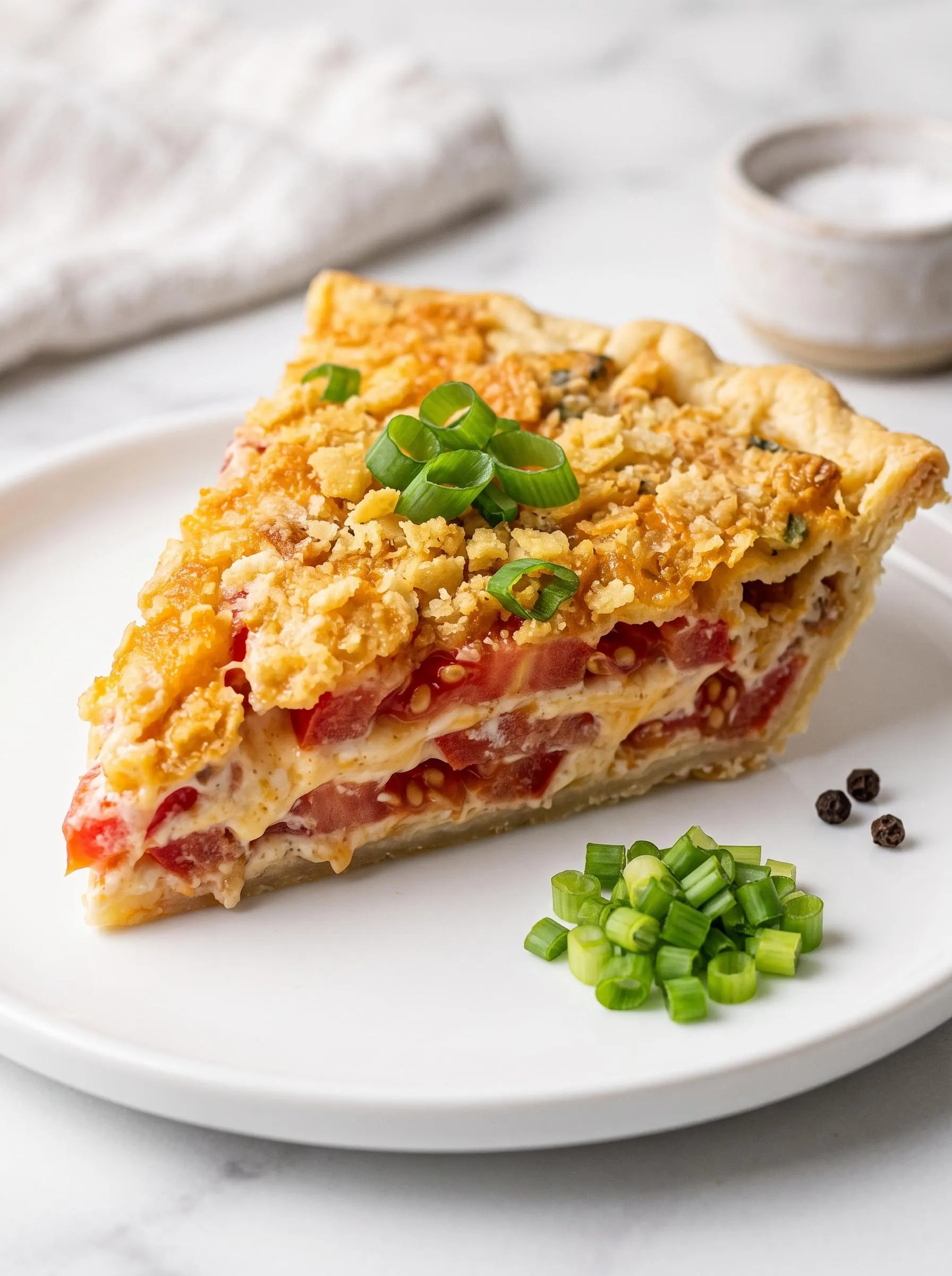A slice of bacon onion tomato pie on a white plate.