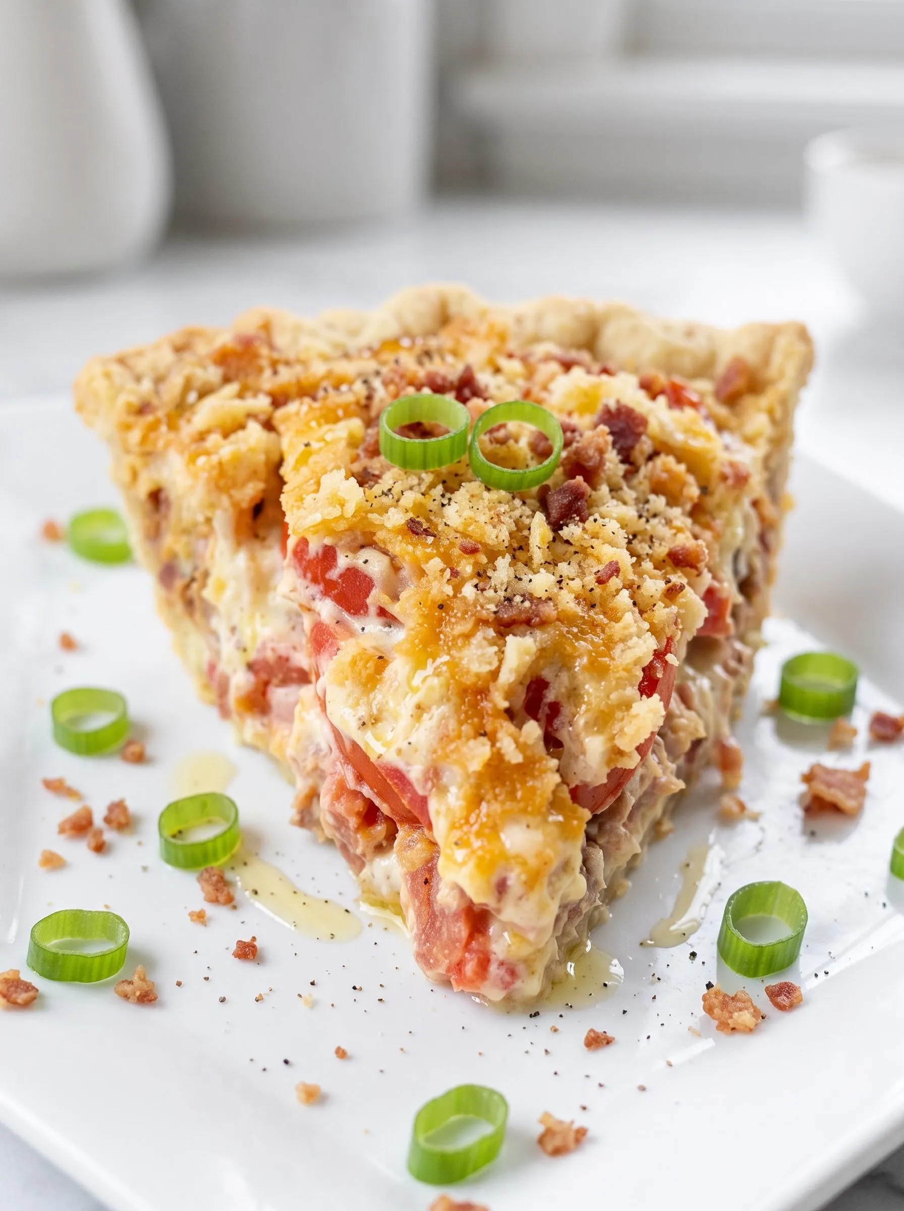 A slice of bacon onion tomato pie.
