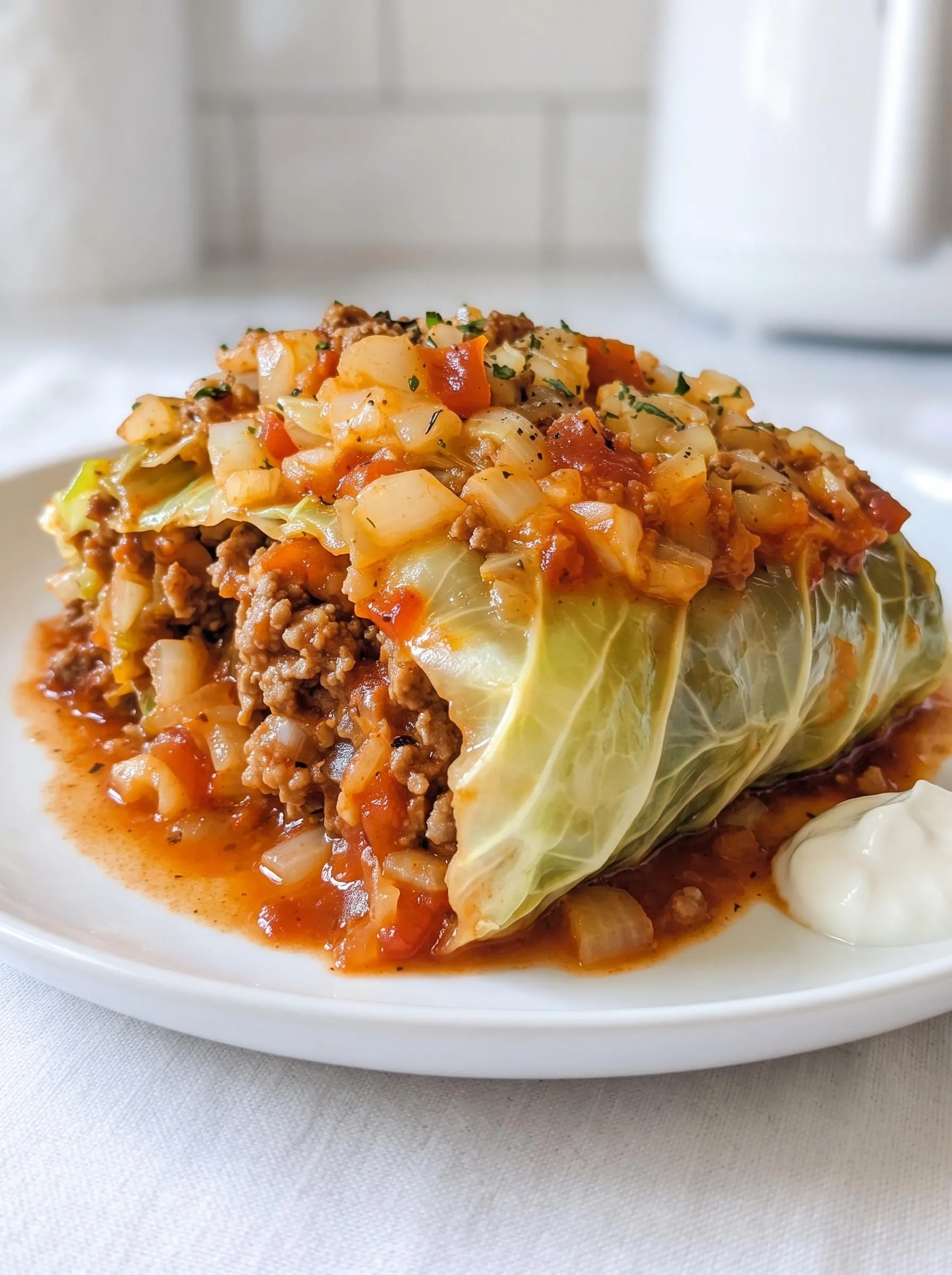 A stuffed cabbage roll casserole on a white plate.