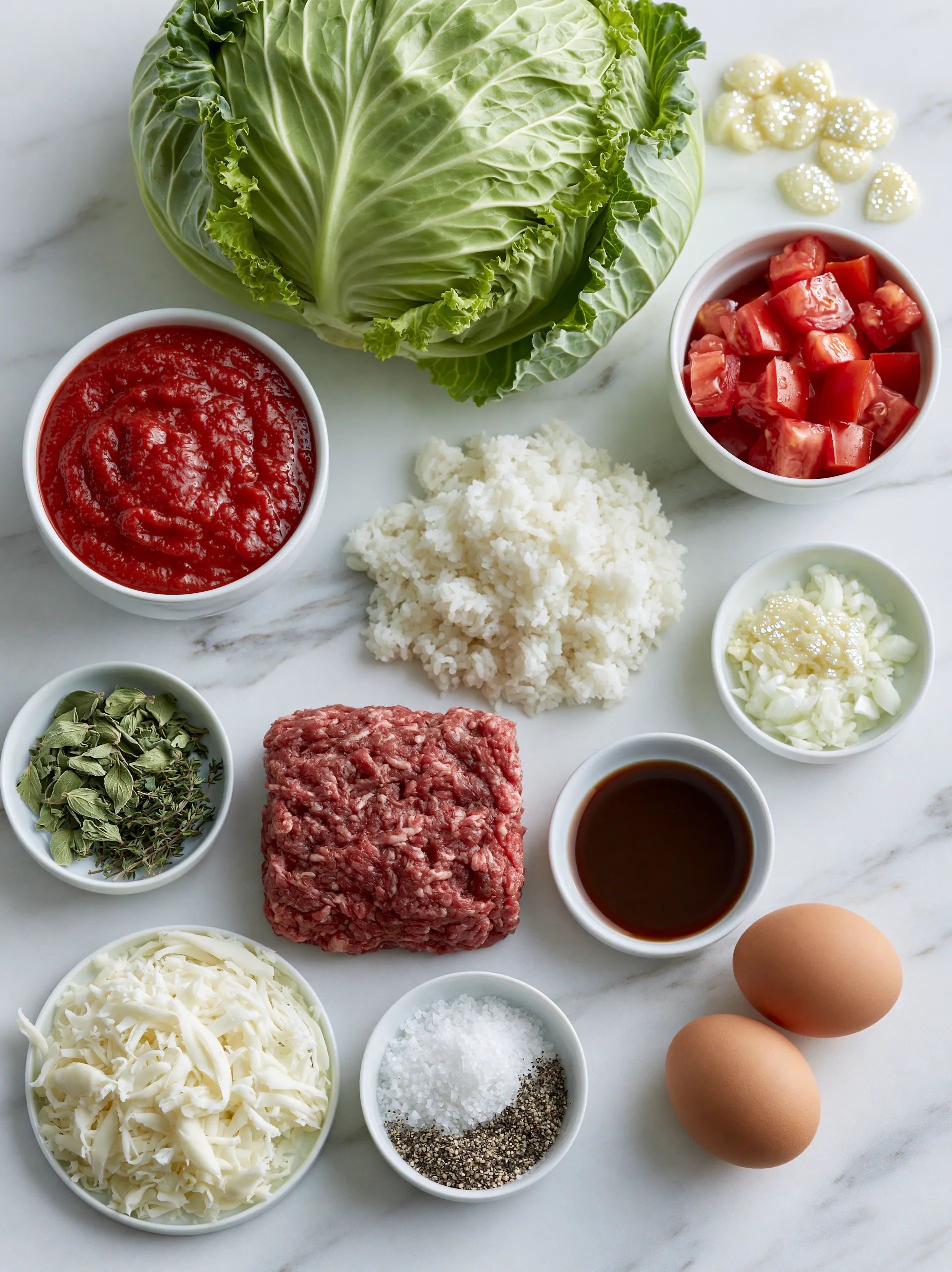 A variety of ingredients for a stuffed cabbage roll casserole.