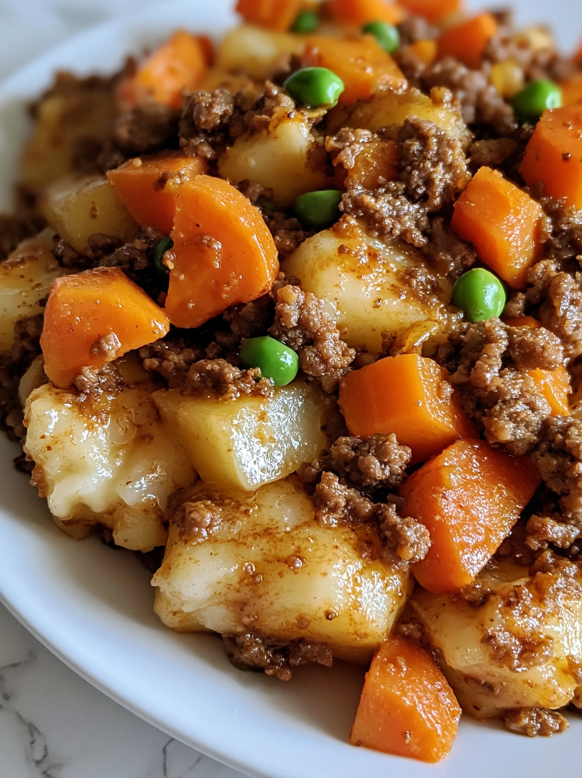 A bowl of hobo casserole with peas and carrots.
