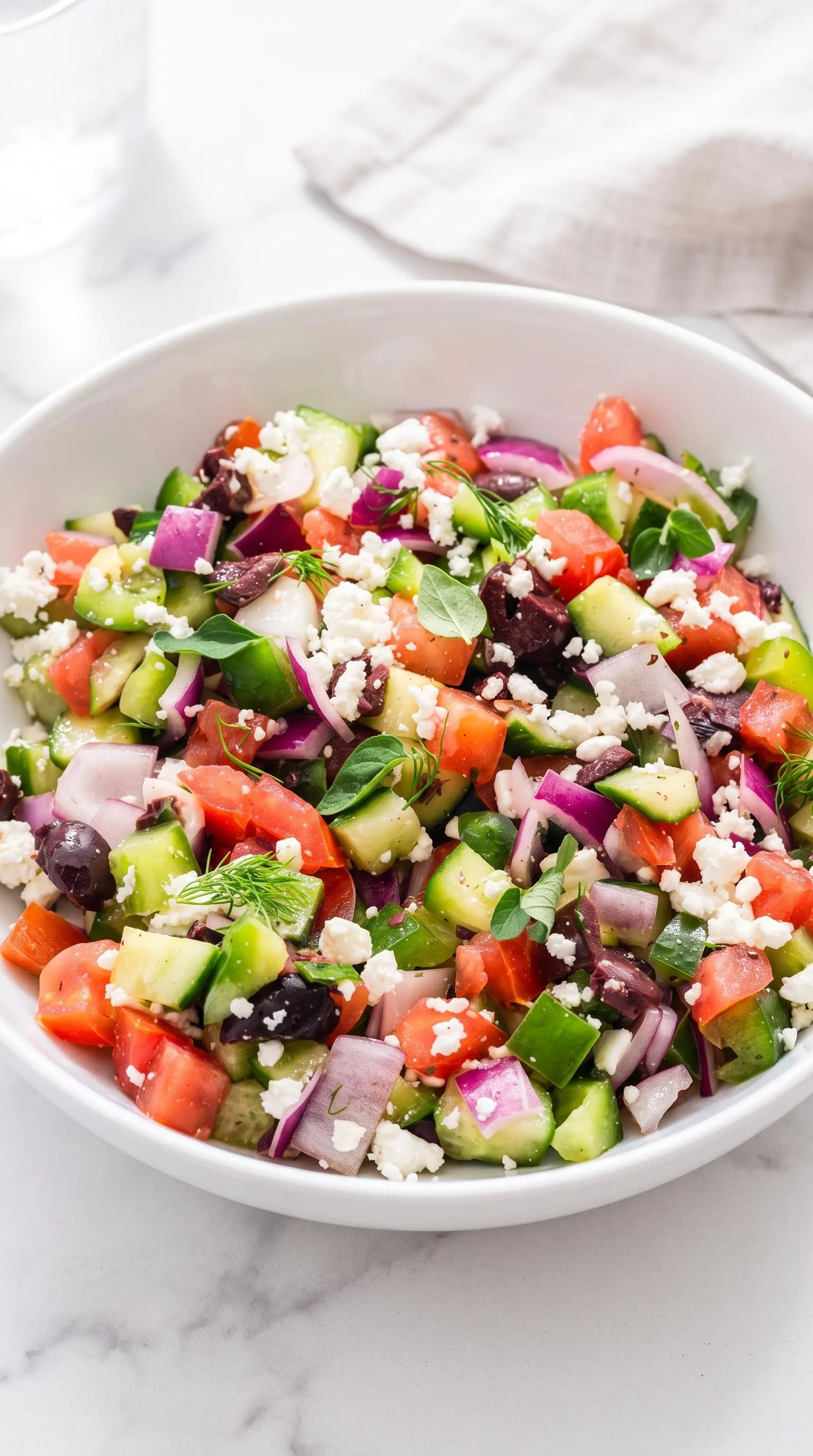 A Greek salad on a white bowl.