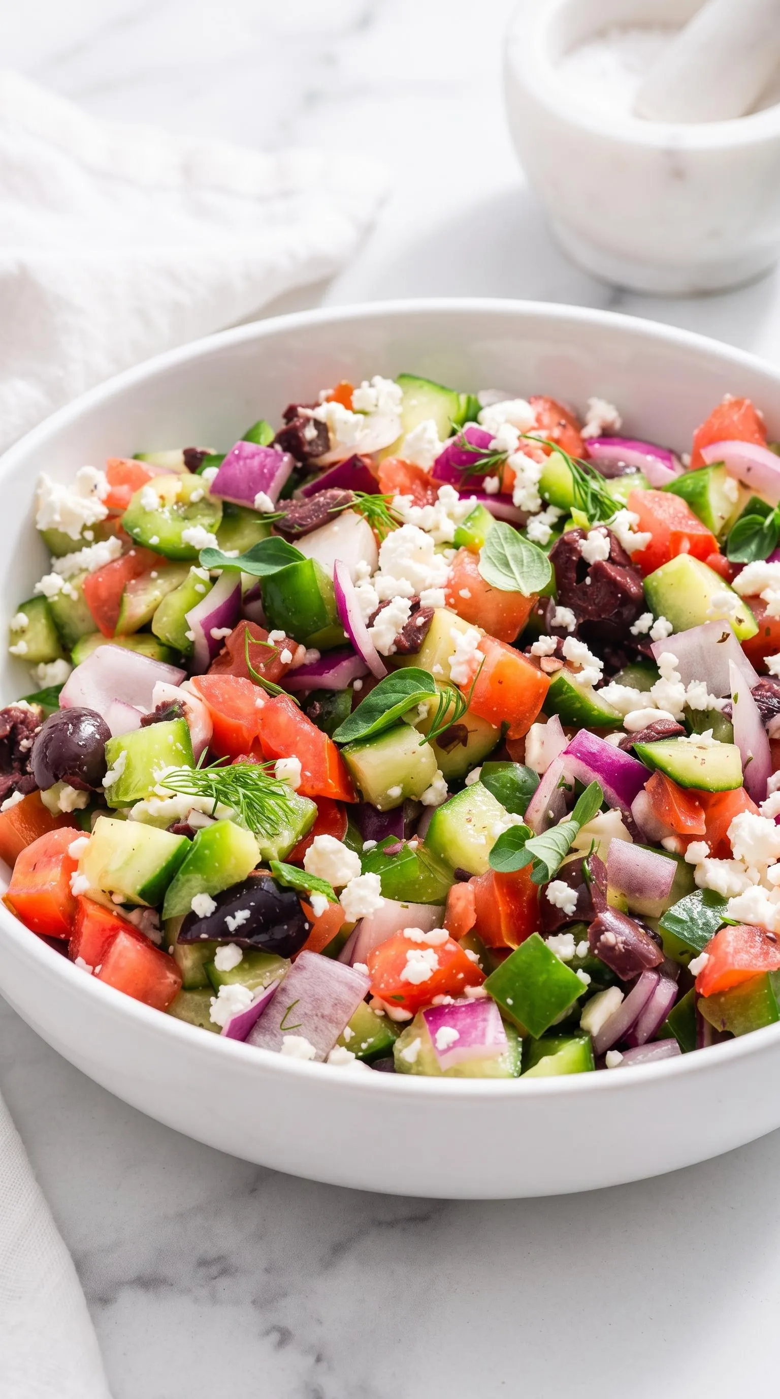 A white bowl of Greek salad.
