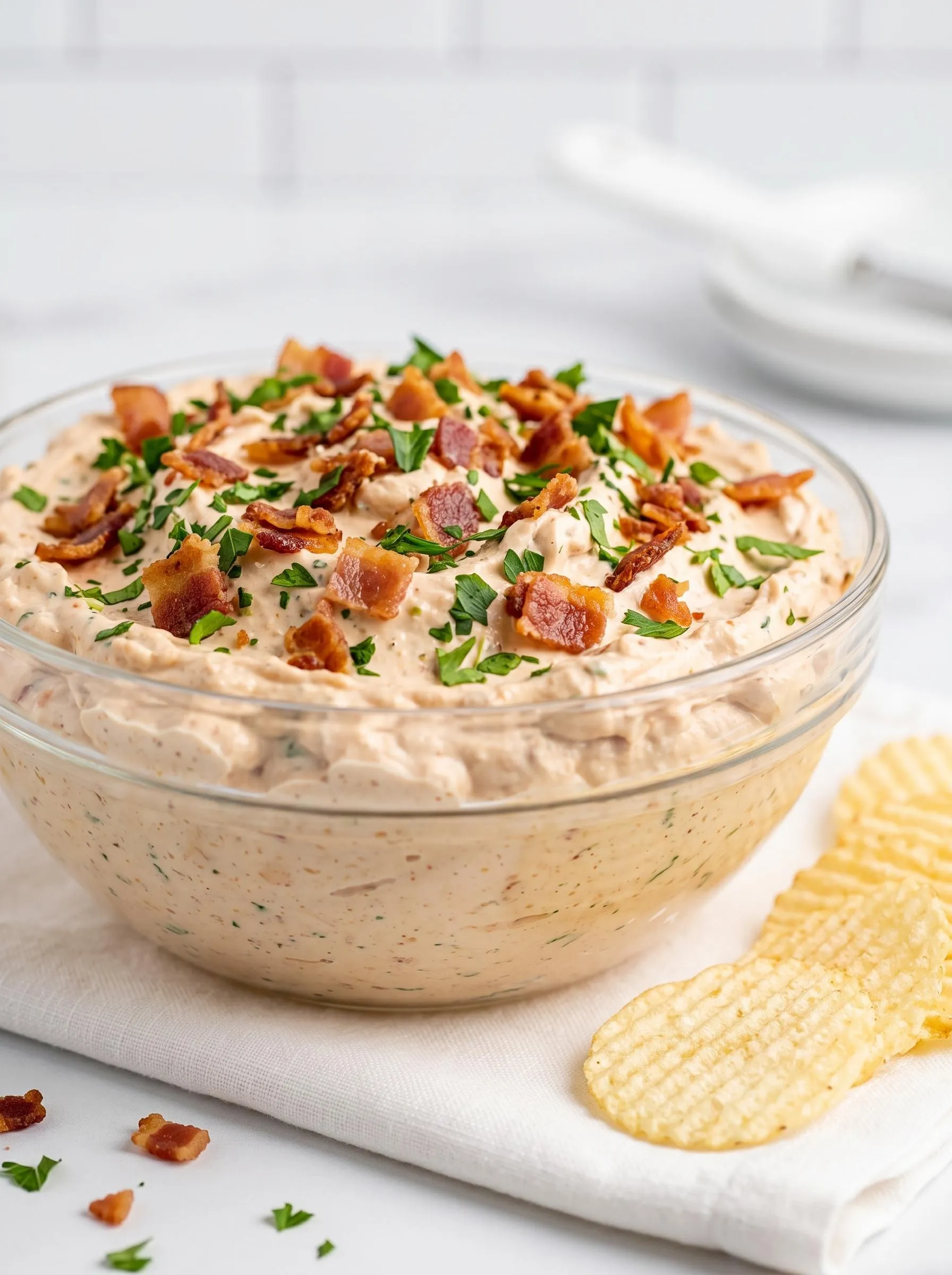 A white bowl of BBQ bacon french onion dip.
