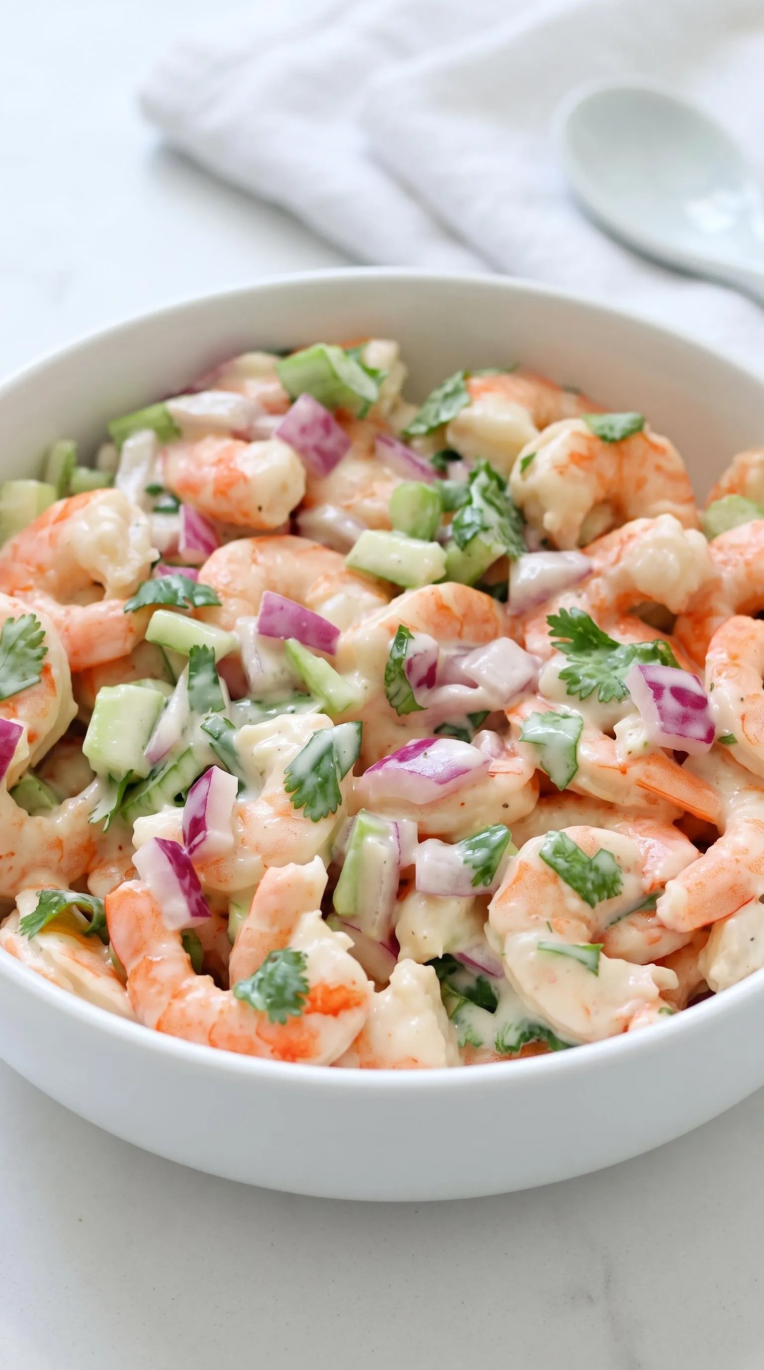 A bowl of creamy shrimp salad.