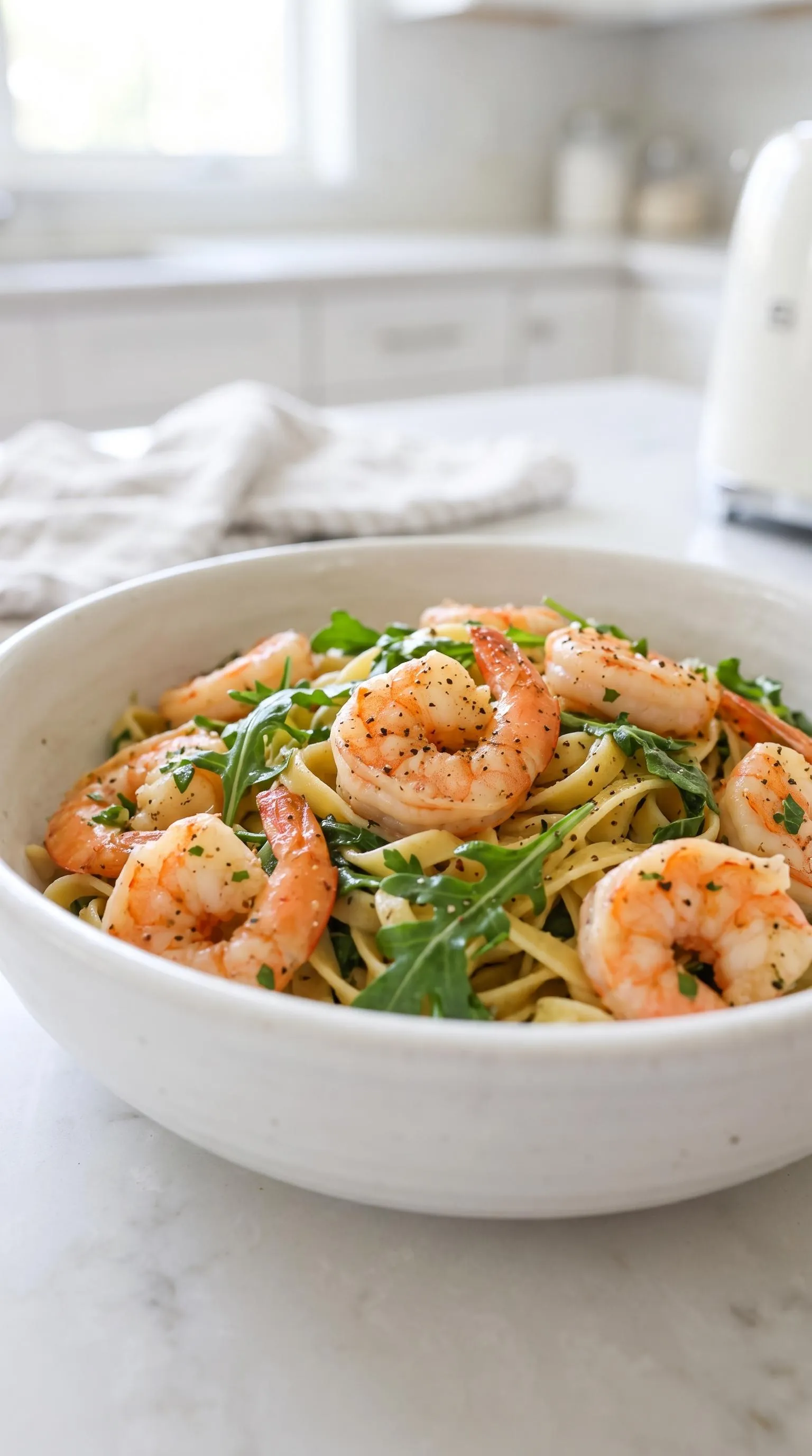 A bowl of shrimp and pasta with garlic butter.