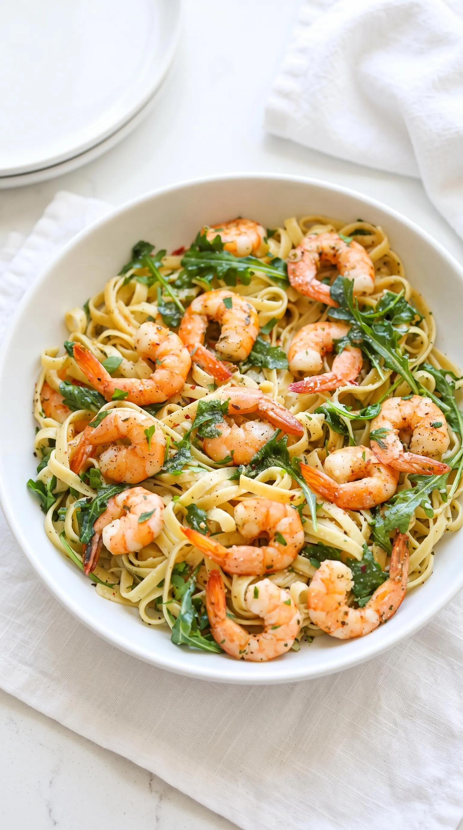 A bowl of shrimp pasta.