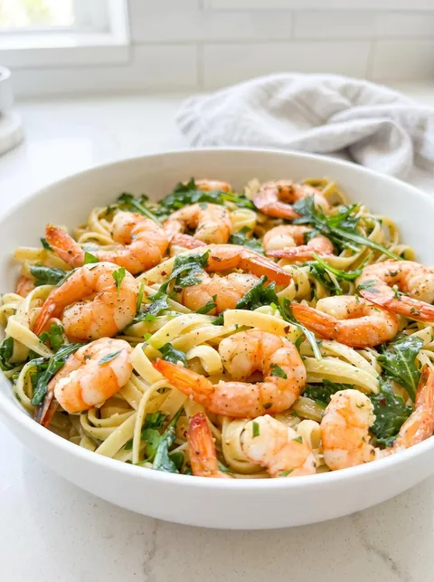 A bowl of garlic butter shrimp pasta.