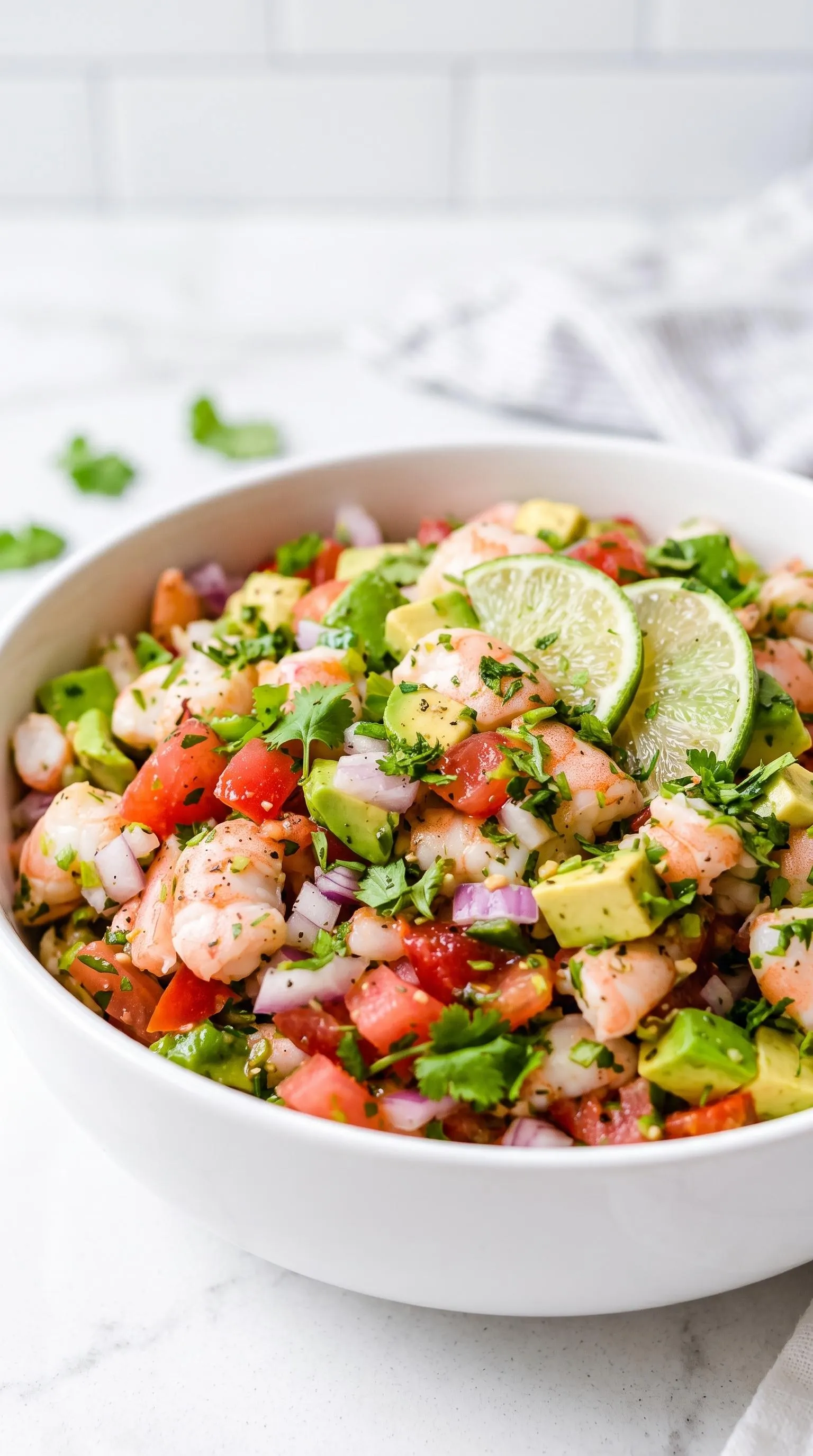 A shrimp and avocado salad in a white bowl.