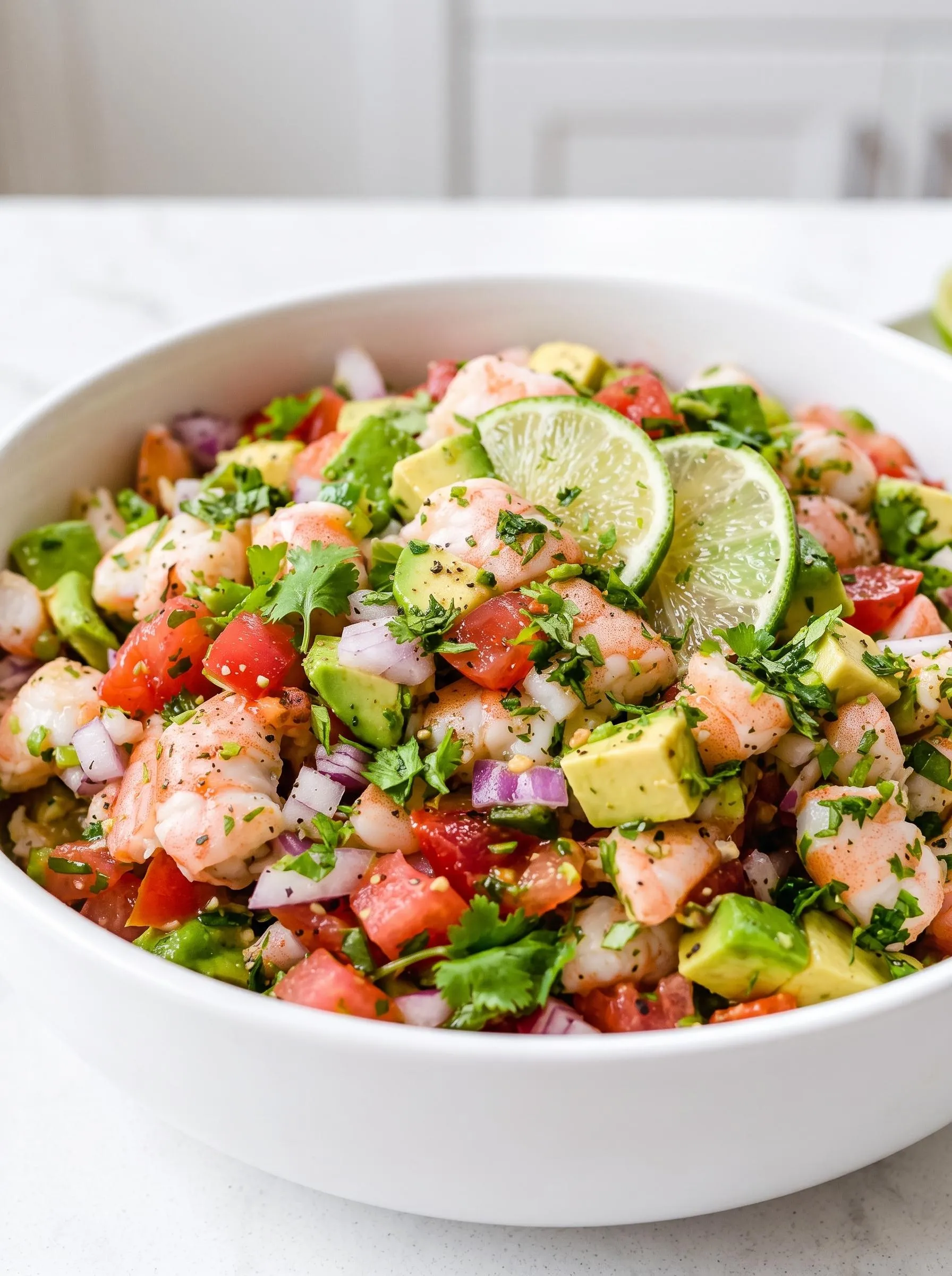 A bowl of shrimp and avocado salad.