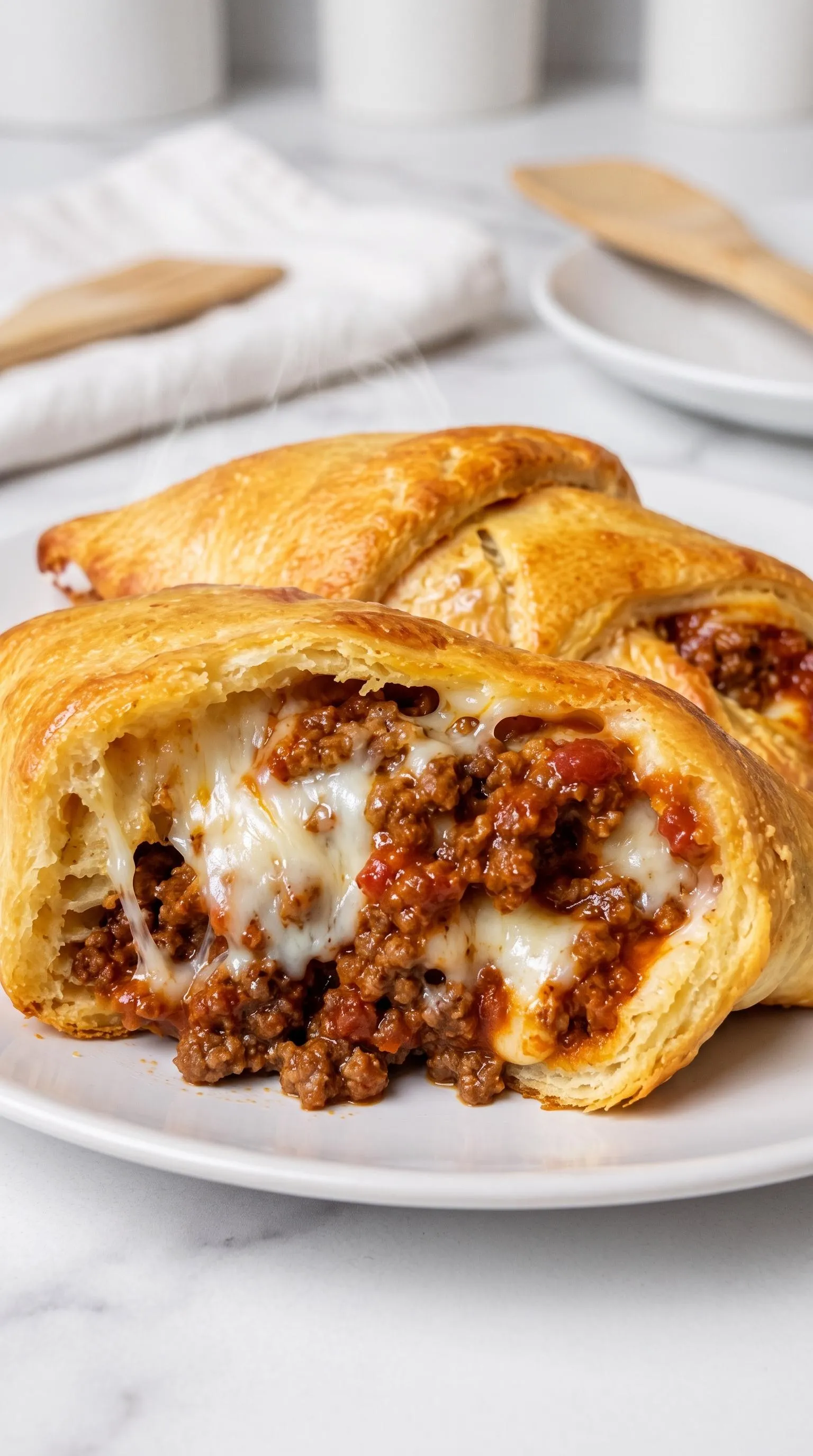 A plate of food with a taco beef mozzarella crescent pocket.